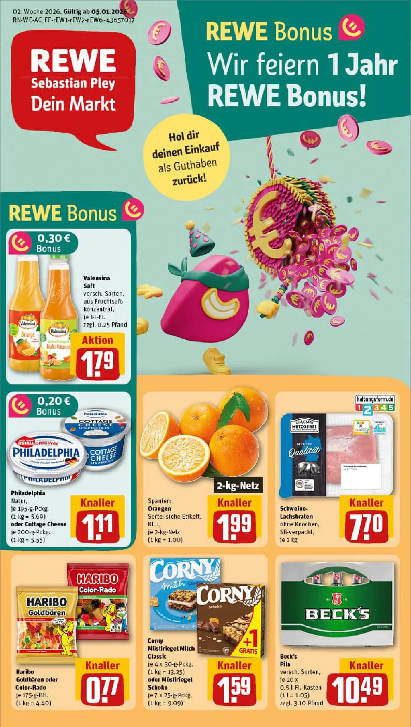 REWE Prospekt ab 04.01.2026 zum Blättern » Angebote | Seite: 1 | Produkte: Haribo, Milch, Saft, Fruchtsaft