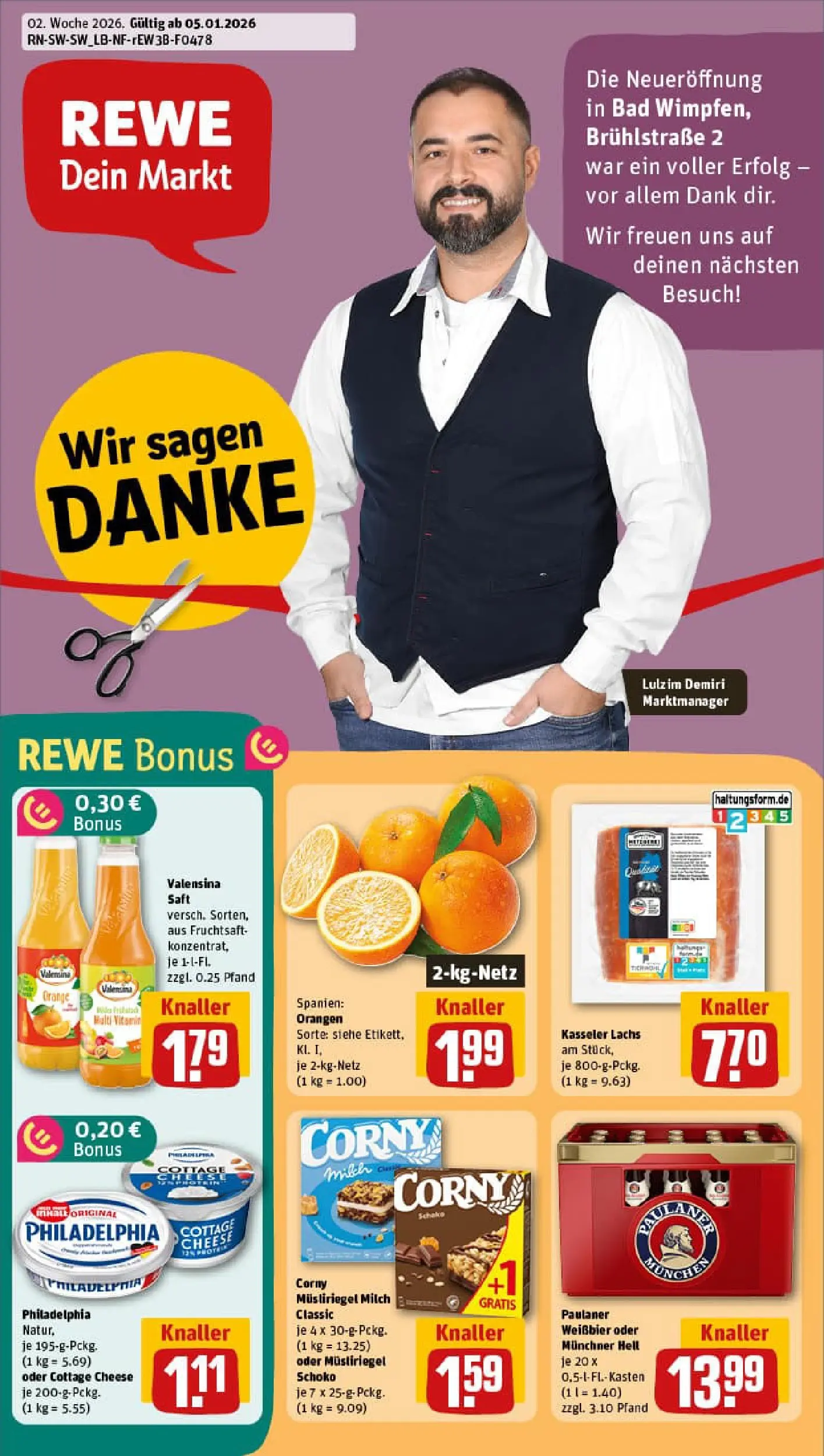 REWE Prospekt ab 04.01.2026 zum Blättern » Angebote | Seite: 1 | Produkte: Weißbier, Philadelphia, Bad, Valensina