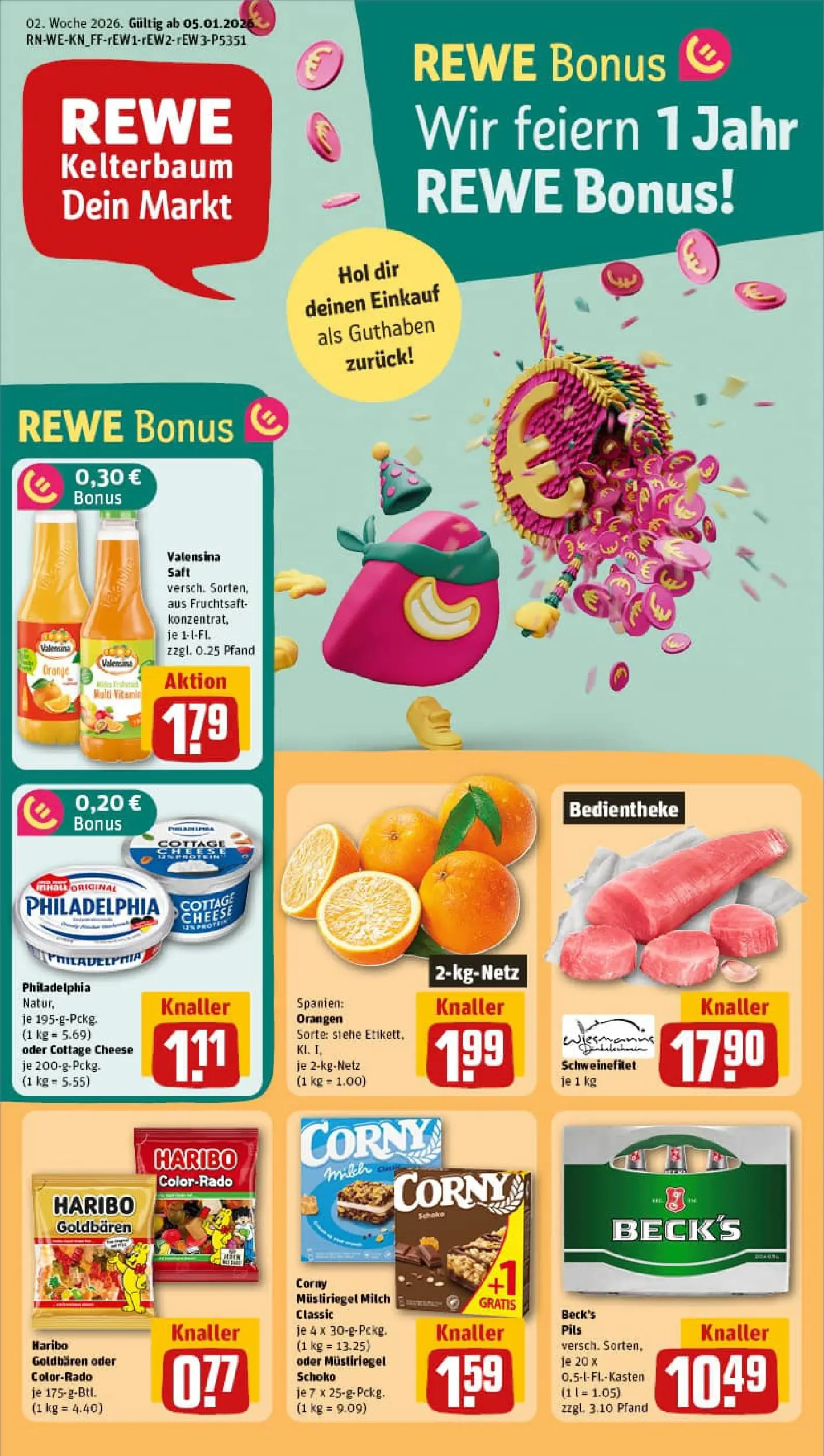 REWE Prospekt ab 04.01.2026 zum Blättern » Angebote | Seite: 1 | Produkte: Orangen, Valensina, Schweinefilet, Saft