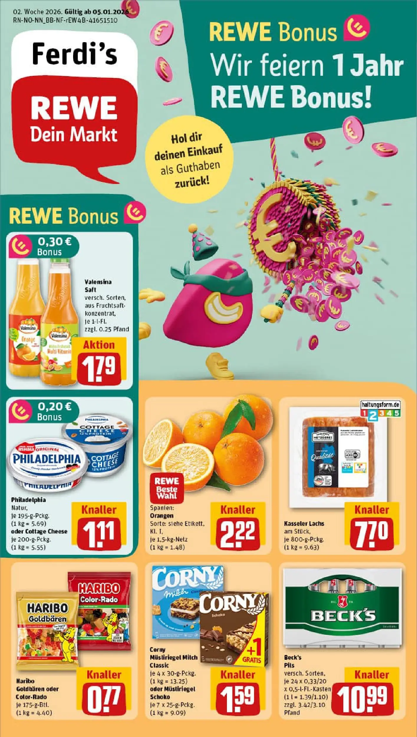 REWE Prospekt ab 04.01.2026 zum Blättern » Angebote | Seite: 1 | Produkte: Haribo, Pils, Orangen, Saft