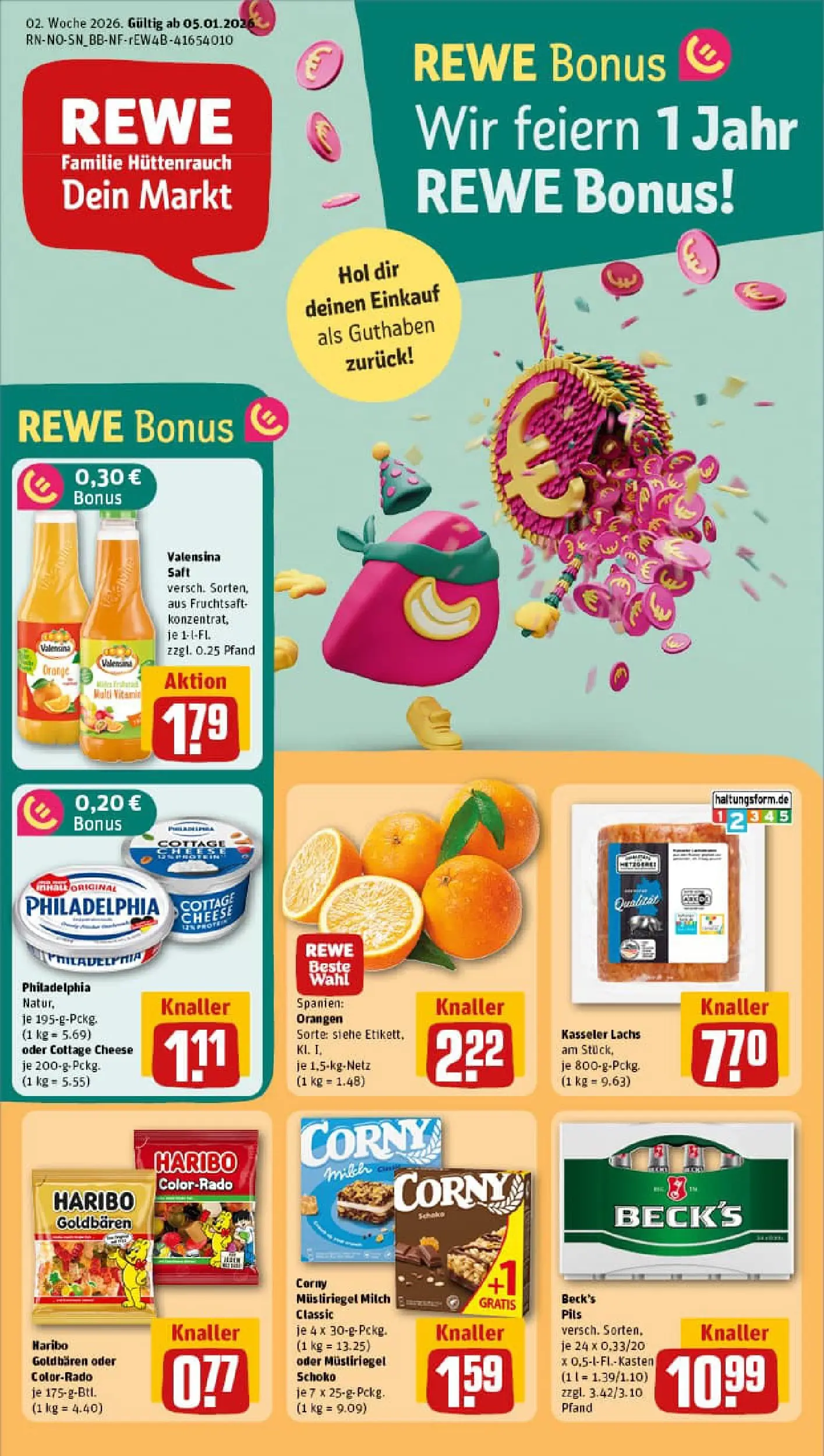 REWE Prospekt ab 04.01.2026 zum Blättern » Angebote | Seite: 1 | Produkte: Pils, Lachs, Saft, Fruchtsaft