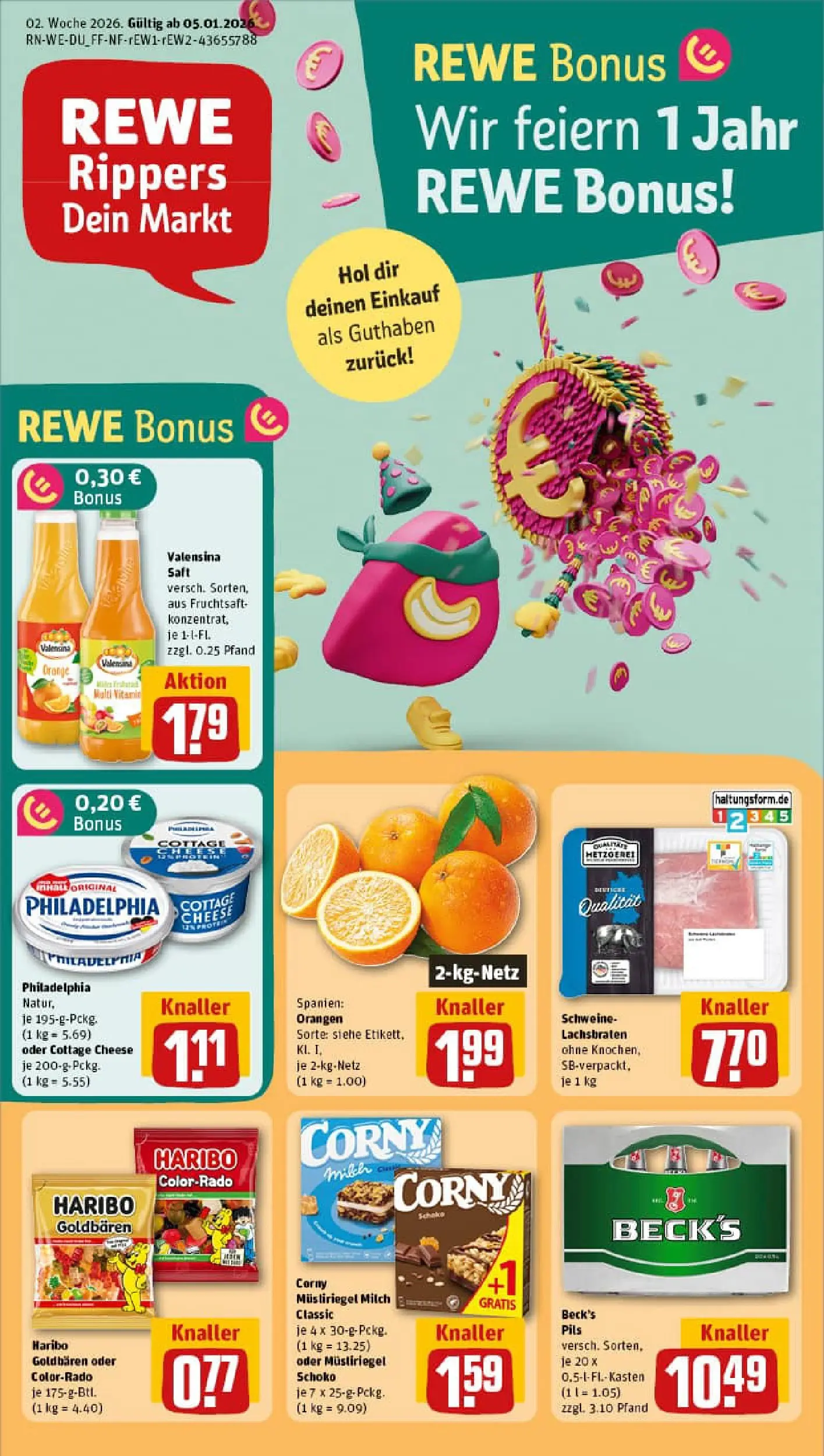 REWE Prospekt ab 04.01.2026 zum Blättern » Angebote | Seite: 1 | Produkte: Haribo, Pils, Orangen, Valensina