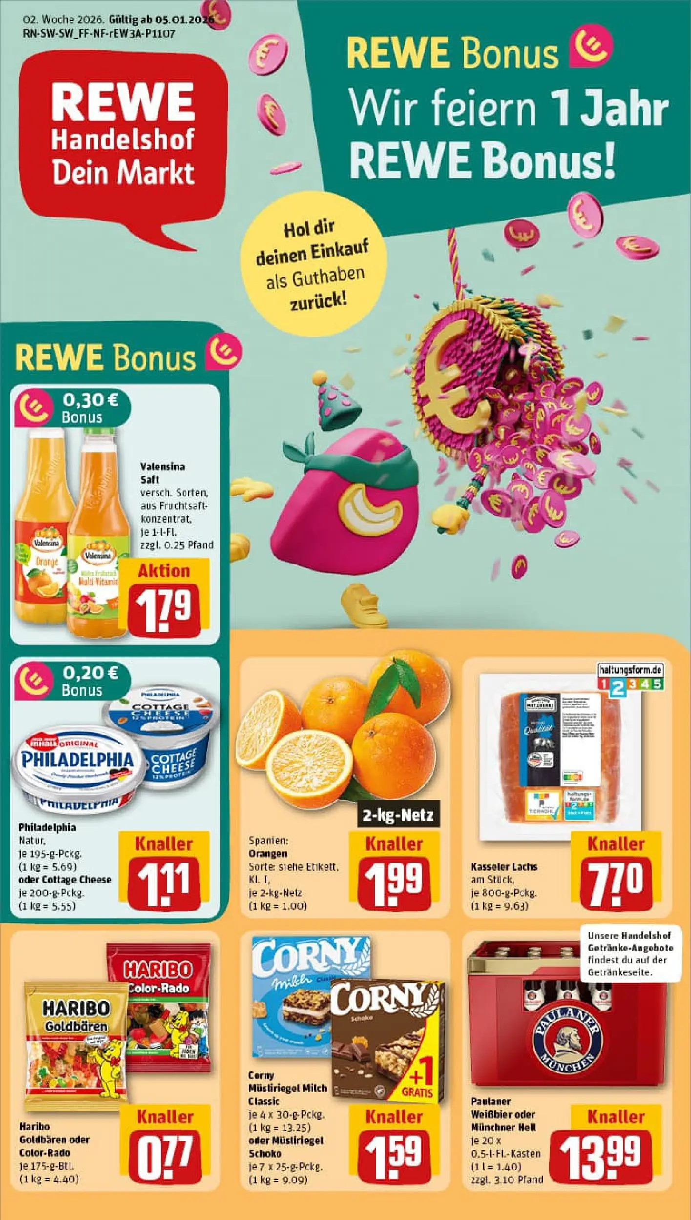REWE Prospekt ab 04.01.2026 zum Blättern » Angebote | Seite: 1 | Produkte: Weißbier, Philadelphia, Saft, Fruchtsaft