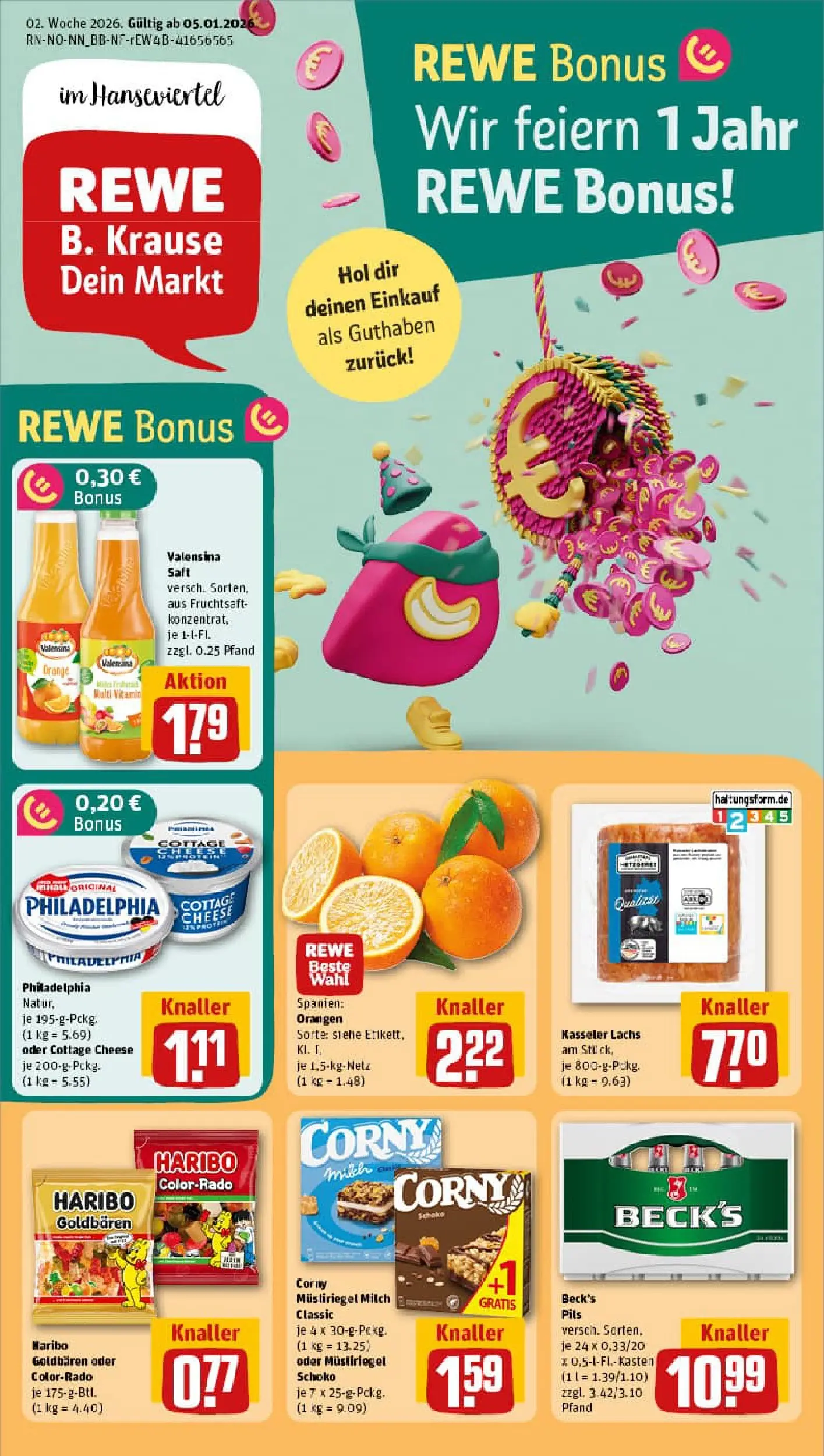 REWE Prospekt ab 04.01.2026 zum Blättern » Angebote | Seite: 1 | Produkte: Haribo, Philadelphia, Saft, Fruchtsaft