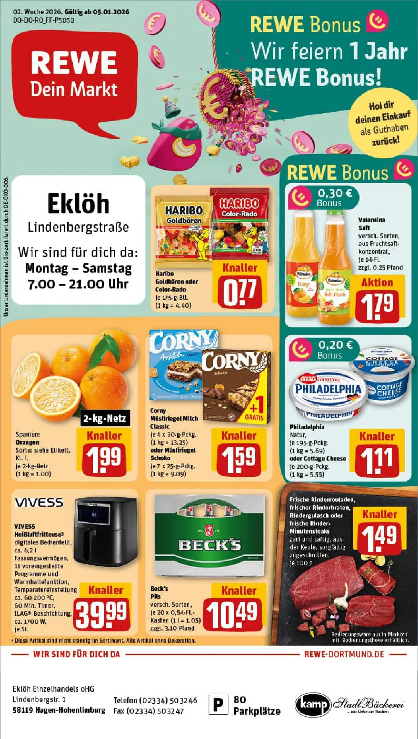 REWE Prospekt ab 04.01.2026 zum Blättern » Angebote | Seite: 1 | Produkte: Rindergulasch, Milch, Valensina, Fruchtsaft
