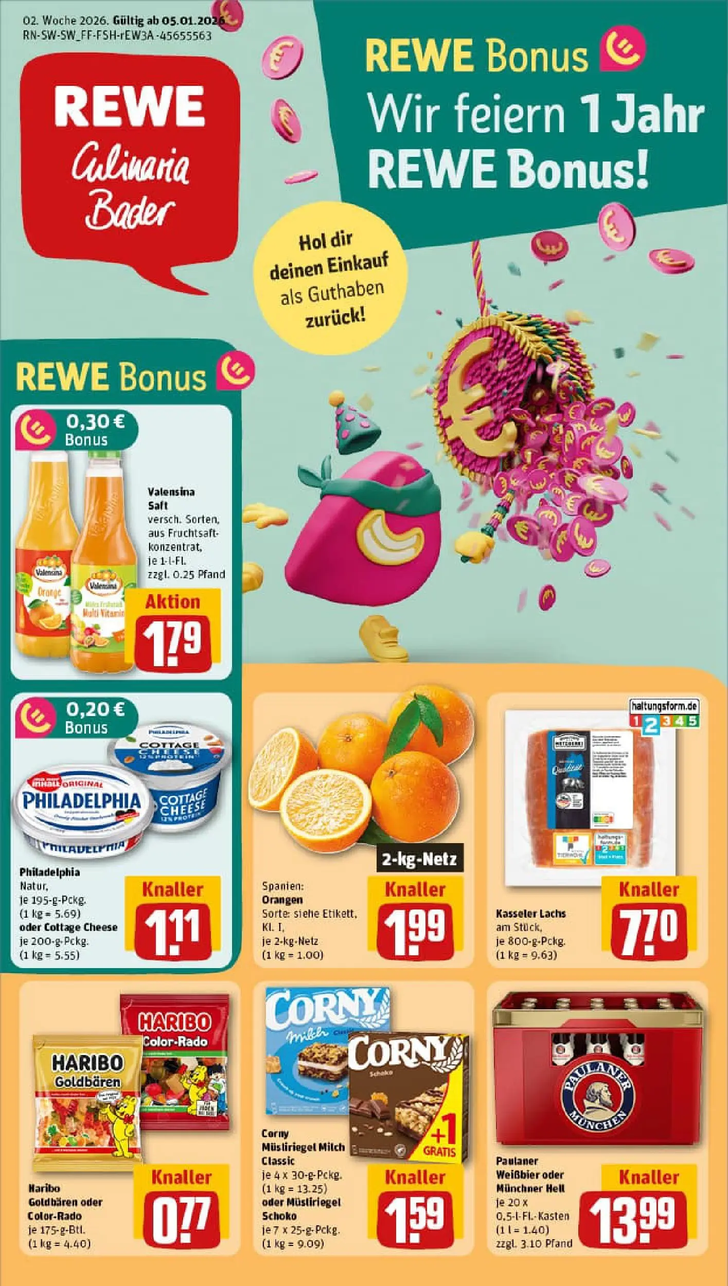 REWE Prospekt ab 04.01.2026 zum Blättern » Angebote | Seite: 1 | Produkte: Orangen, Lachs, Fruchtsaft, Paulaner