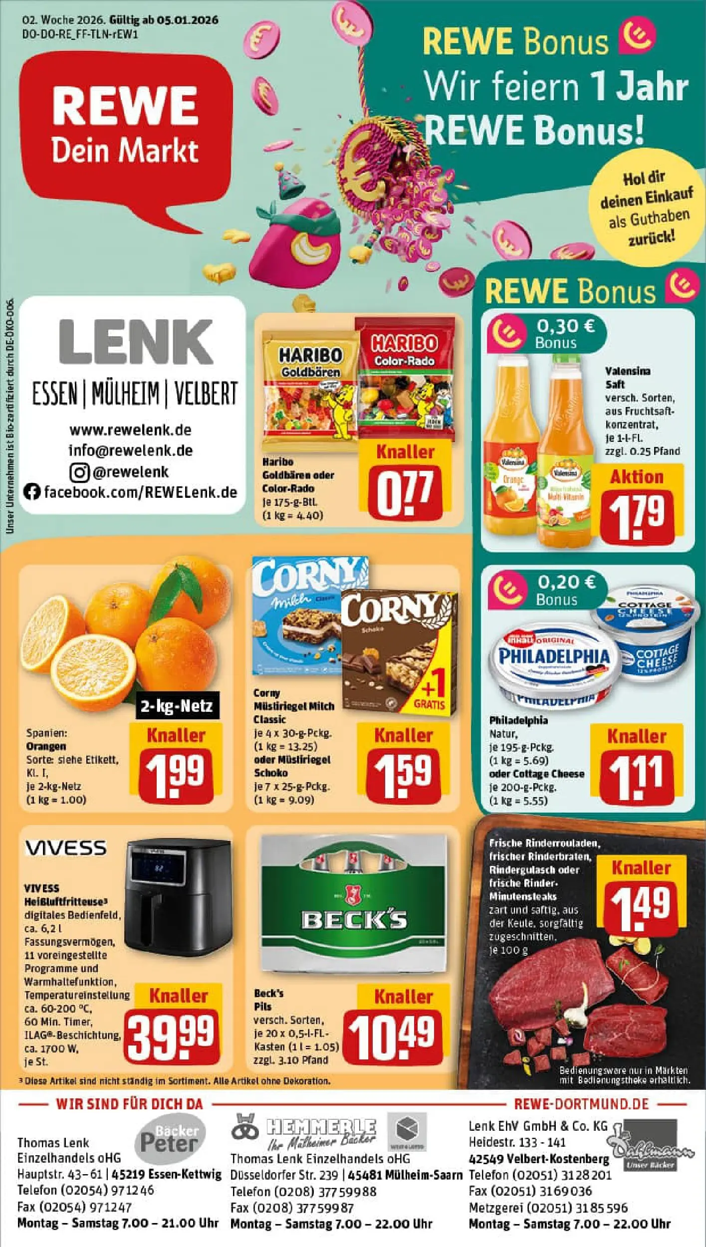 REWE Prospekt ab 05.01.2026 zum Blättern » Angebote | Seite: 1 | Produkte: Rindergulasch, Saft, Heißluftfritteuse, Telefon
