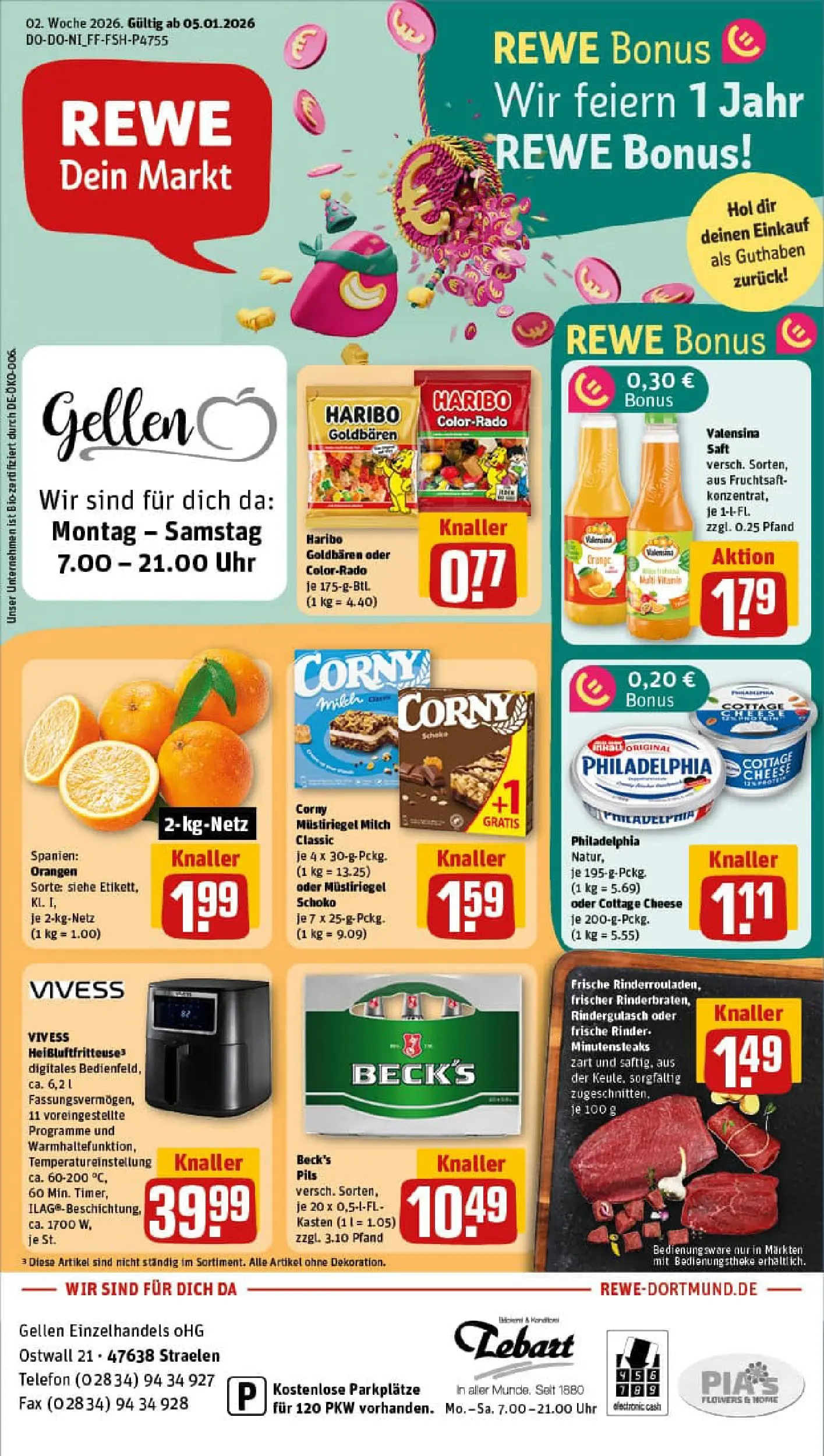 REWE Prospekt ab 04.01.2026 zum Blättern » Angebote | Seite: 1 | Produkte: Philadelphia, Pils, Orangen, Telefon