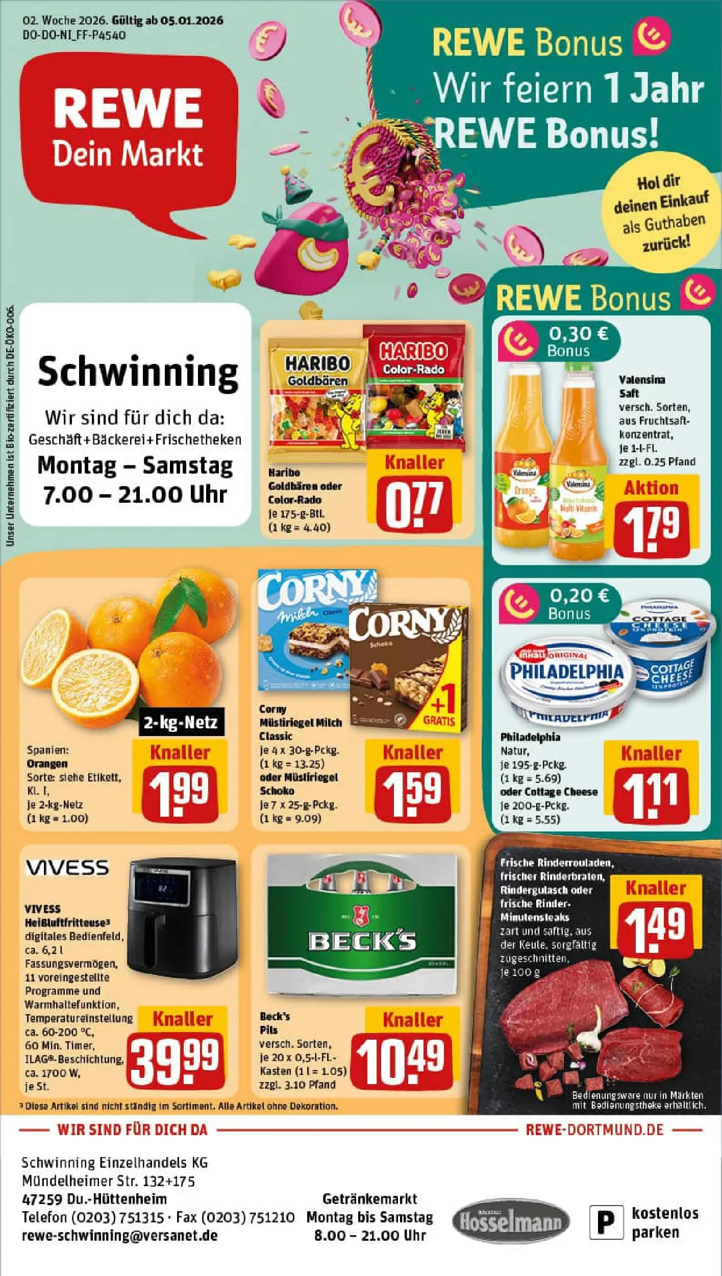 REWE Prospekt ab 04.01.2026 zum Blättern » Angebote | Seite: 1 | Produkte: Rindergulasch, Philadelphia, Pils, Fruchtsaft