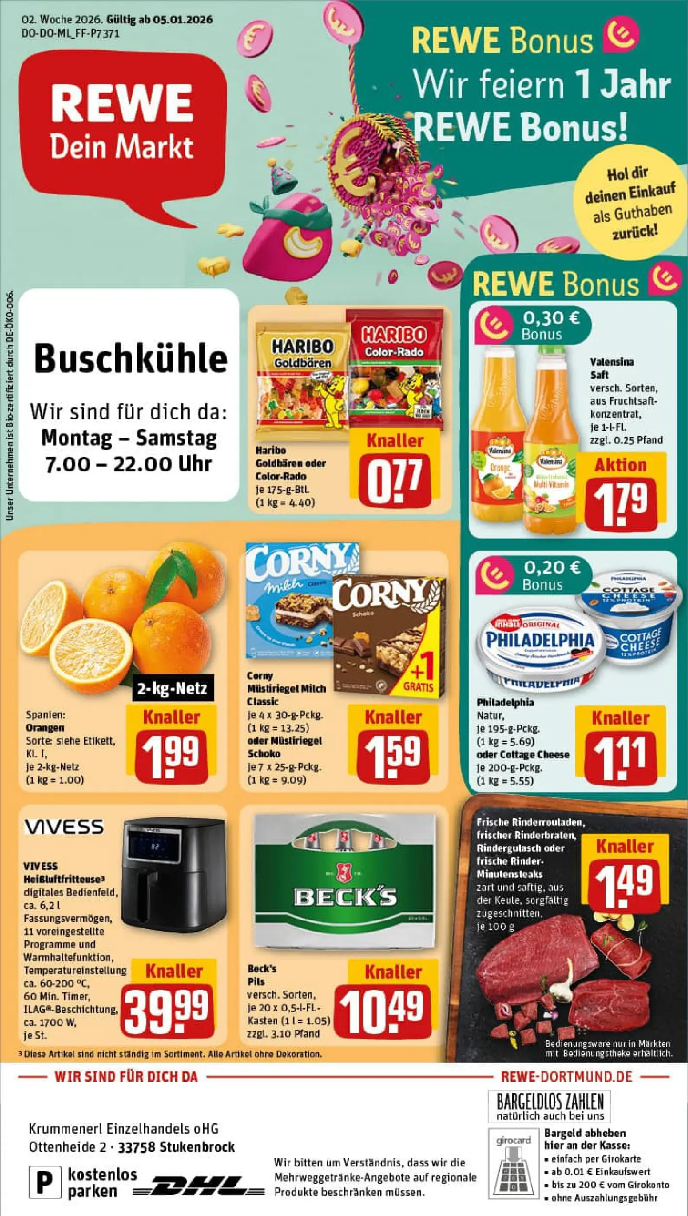 REWE Prospekt ab 04.01.2026 zum Blättern » Angebote | Seite: 1 | Produkte: Philadelphia, Pils, Saft, Heißluftfritteuse
