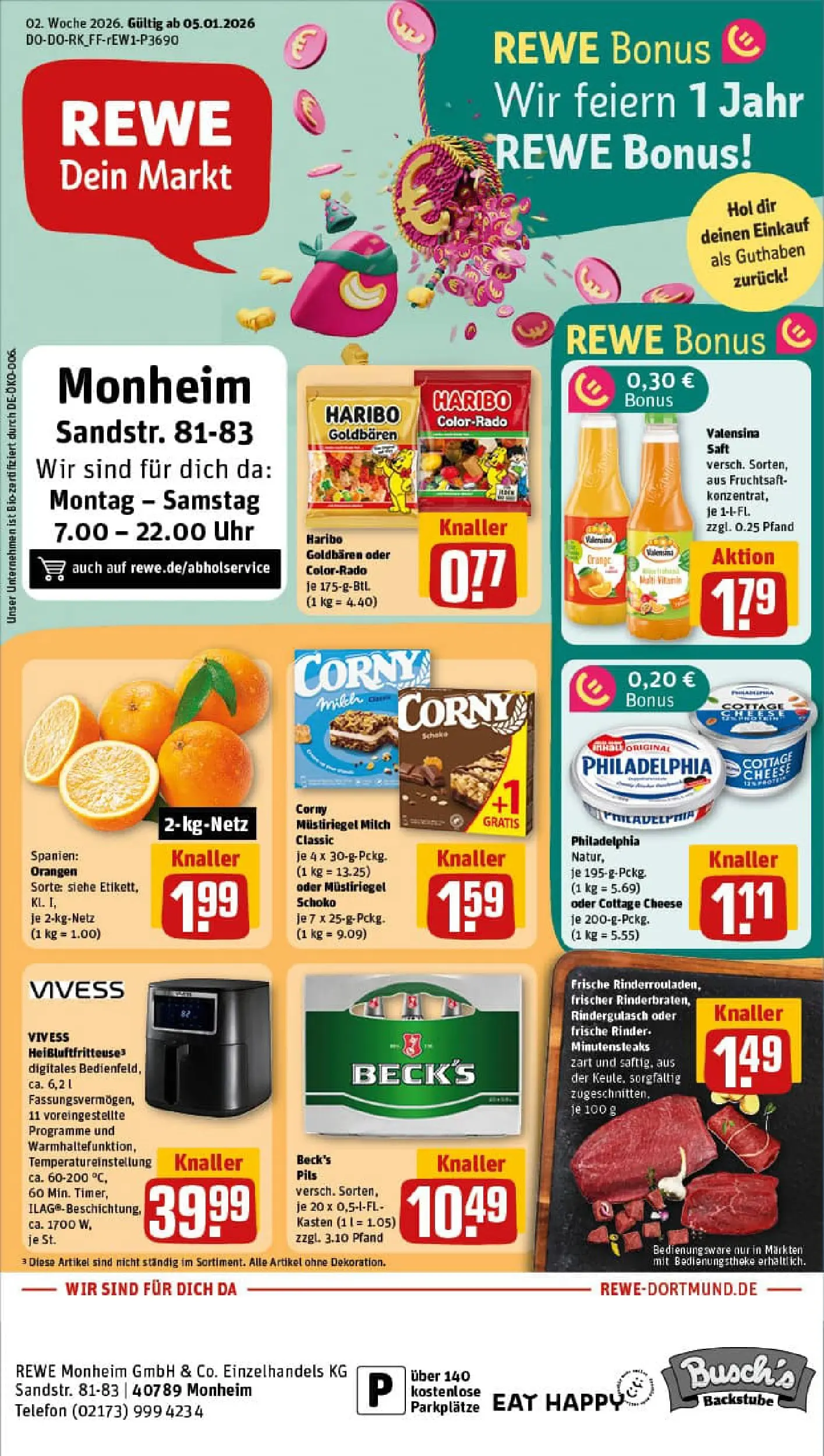 REWE Prospekt ab 04.01.2026 zum Blättern » Angebote | Seite: 1 | Produkte: Rindergulasch, Haribo, Milch, Saft