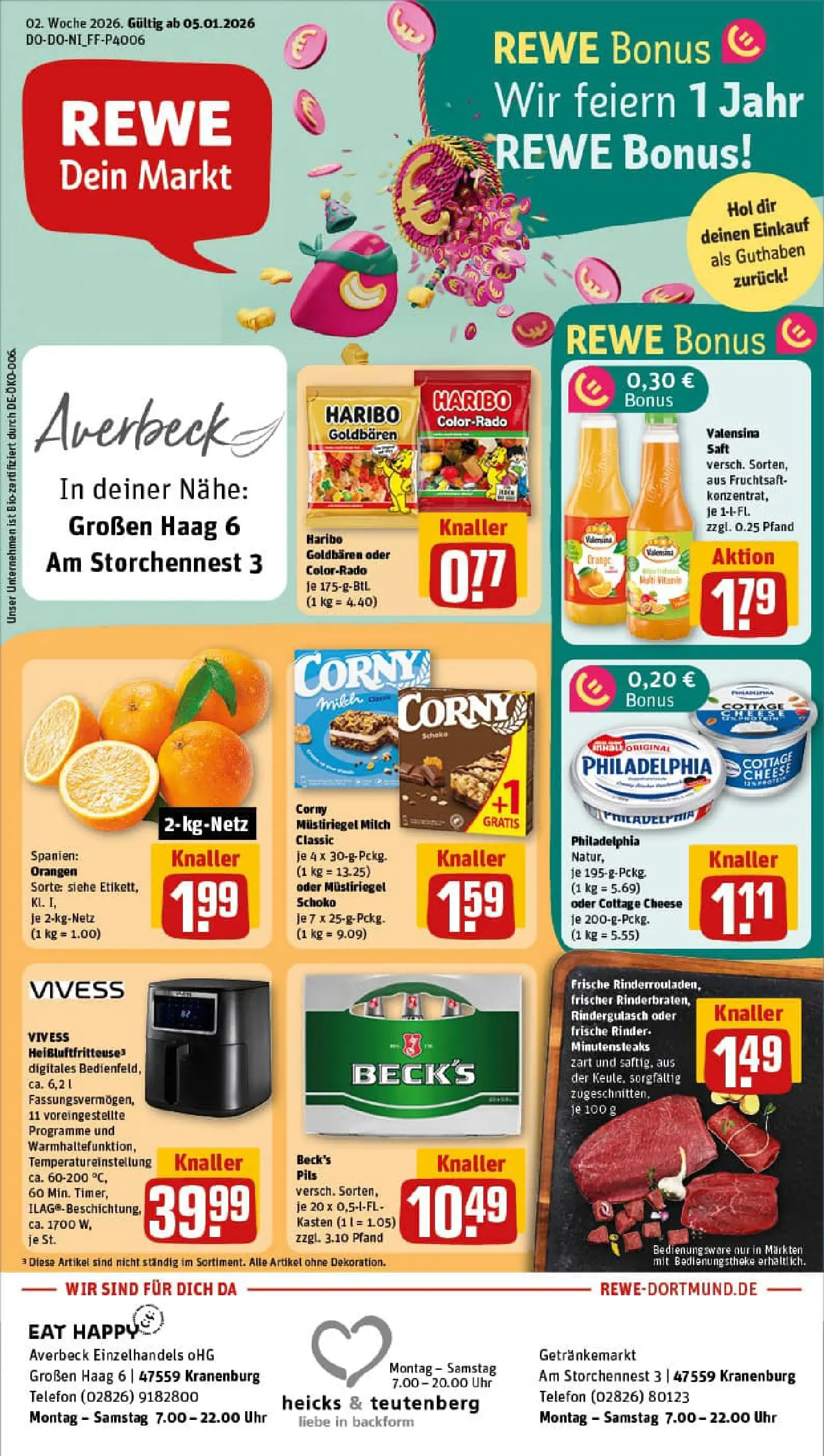 REWE Prospekt ab 04.01.2026 zum Blättern » Angebote | Seite: 1 | Produkte: Haribo, Pils, Fruchtsaft, Uhr
