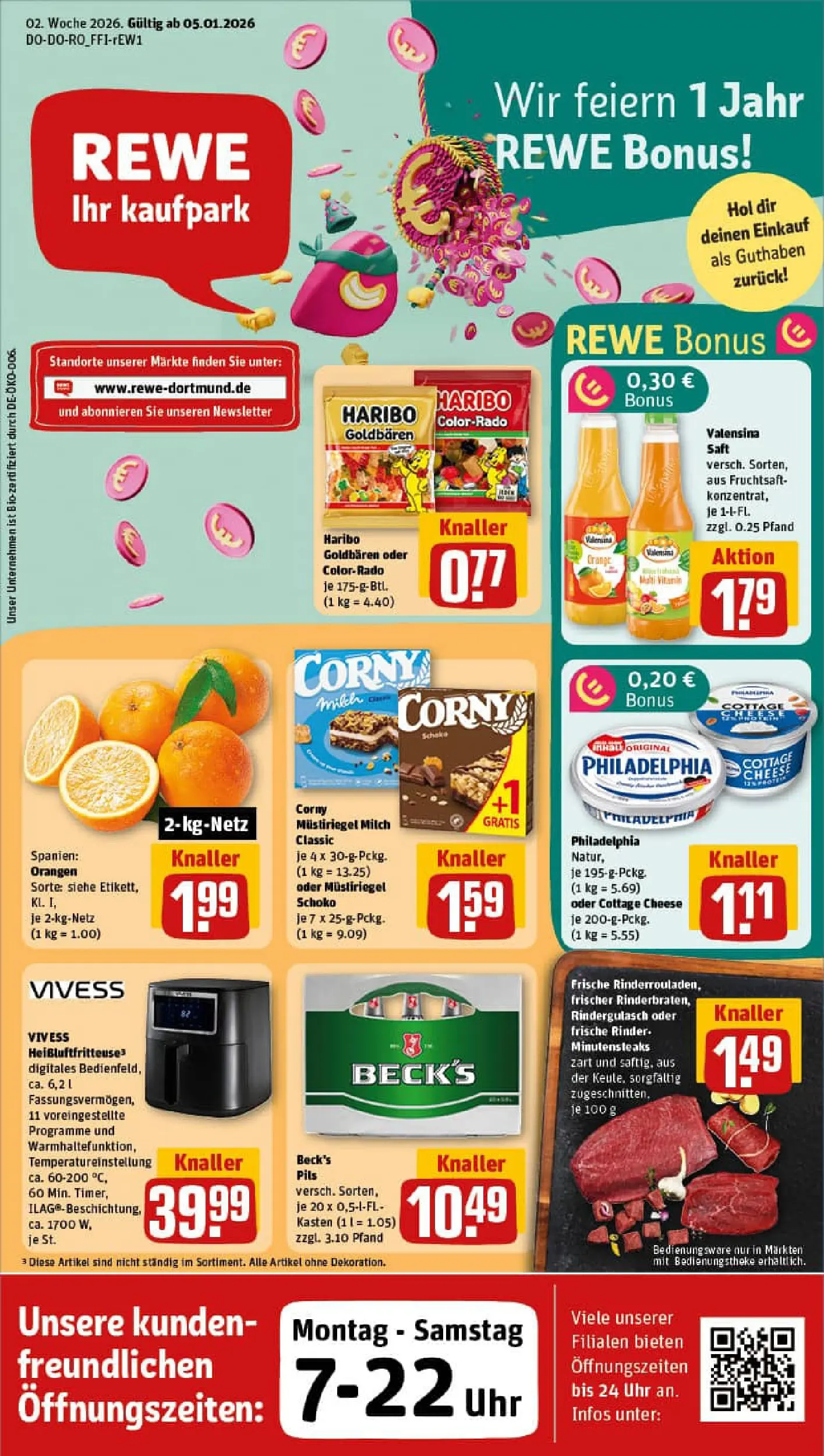REWE Prospekt ab 04.01.2026 zum Blättern » Angebote | Seite: 1 | Produkte: Milch, Pils, Orangen, Uhr