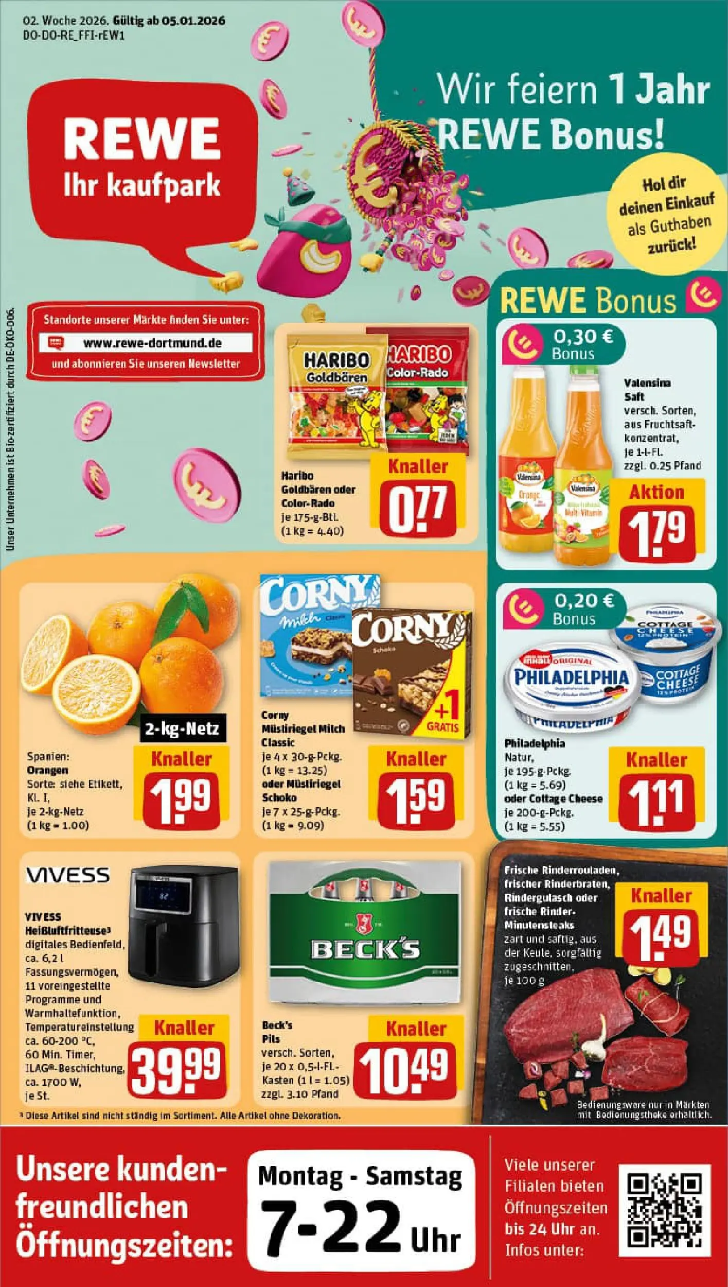 REWE Prospekt ab 04.01.2026 zum Blättern » Angebote | Seite: 1 | Produkte: Philadelphia, Orangen, Fruchtsaft, Uhr