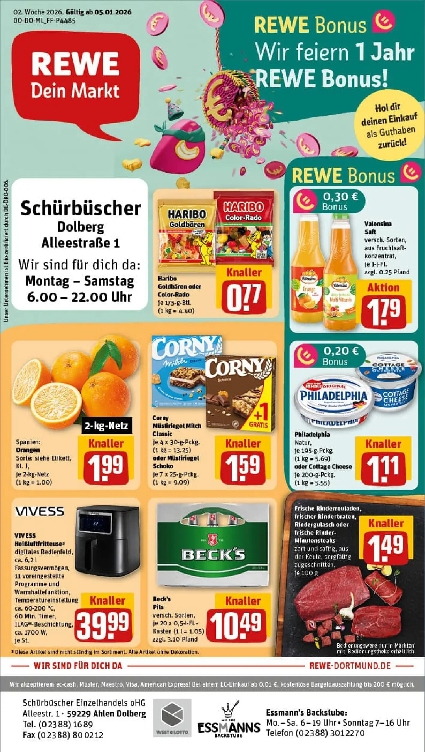 REWE Prospekt ab 04.01.2026 zum Blättern » Angebote | Seite: 1 | Produkte: Haribo, Pils, Valensina, Uhr