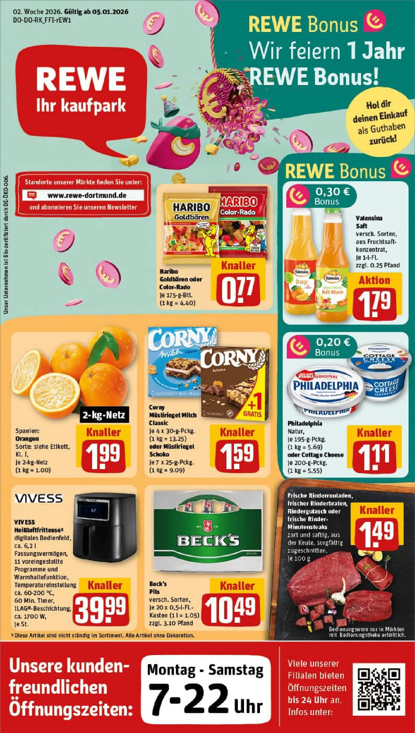REWE Prospekt ab 04.01.2026 zum Blättern » Angebote | Seite: 1 | Produkte: Rindergulasch, Valensina, Saft, Heißluftfritteuse