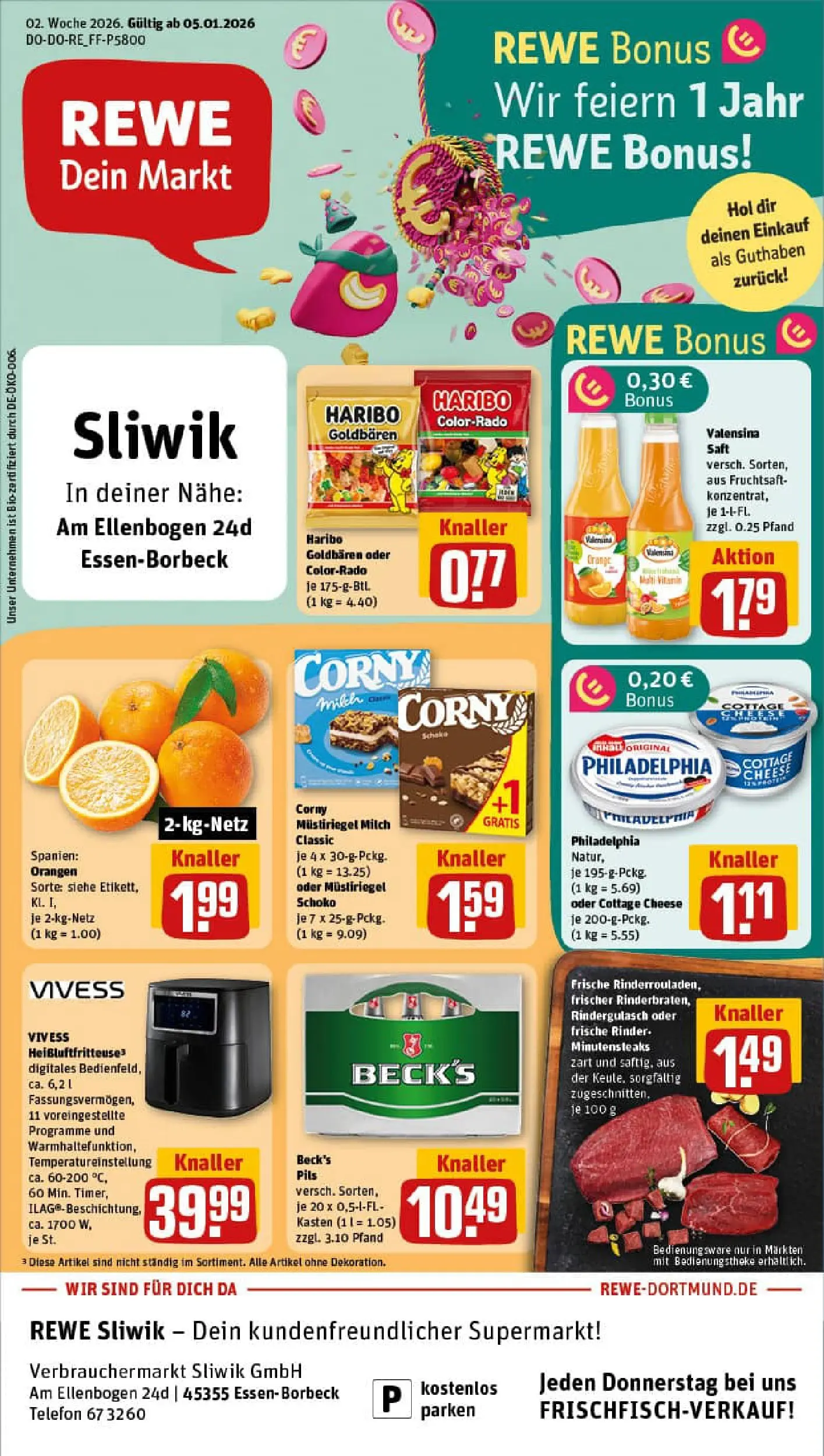 REWE Prospekt ab 04.01.2026 zum Blättern » Angebote | Seite: 1 | Produkte: Rindergulasch, Philadelphia, Heißluftfritteuse, Telefon