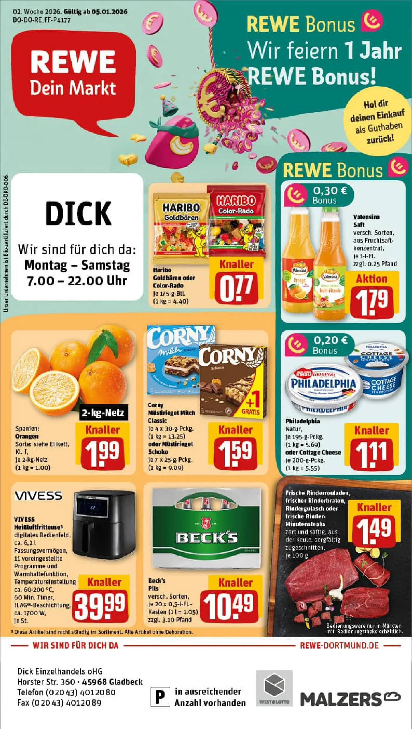 REWE Prospekt ab 04.01.2026 zum Blättern » Angebote | Seite: 1 | Produkte: Haribo, Milch, Orangen, Uhr