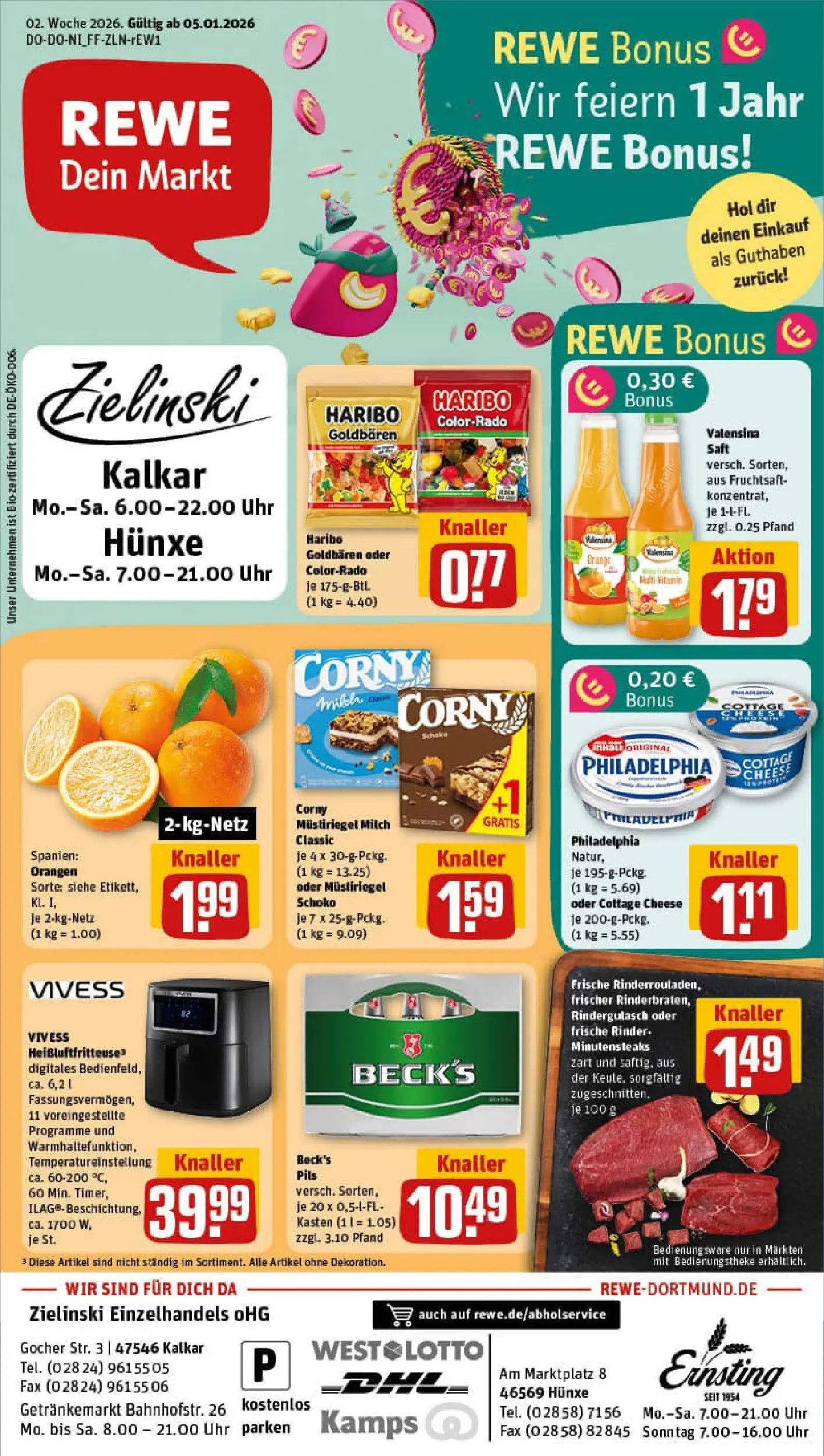 REWE Prospekt ab 04.01.2026 zum Blättern » Angebote | Seite: 1 | Produkte: Haribo, Milch, Philadelphia, Orangen