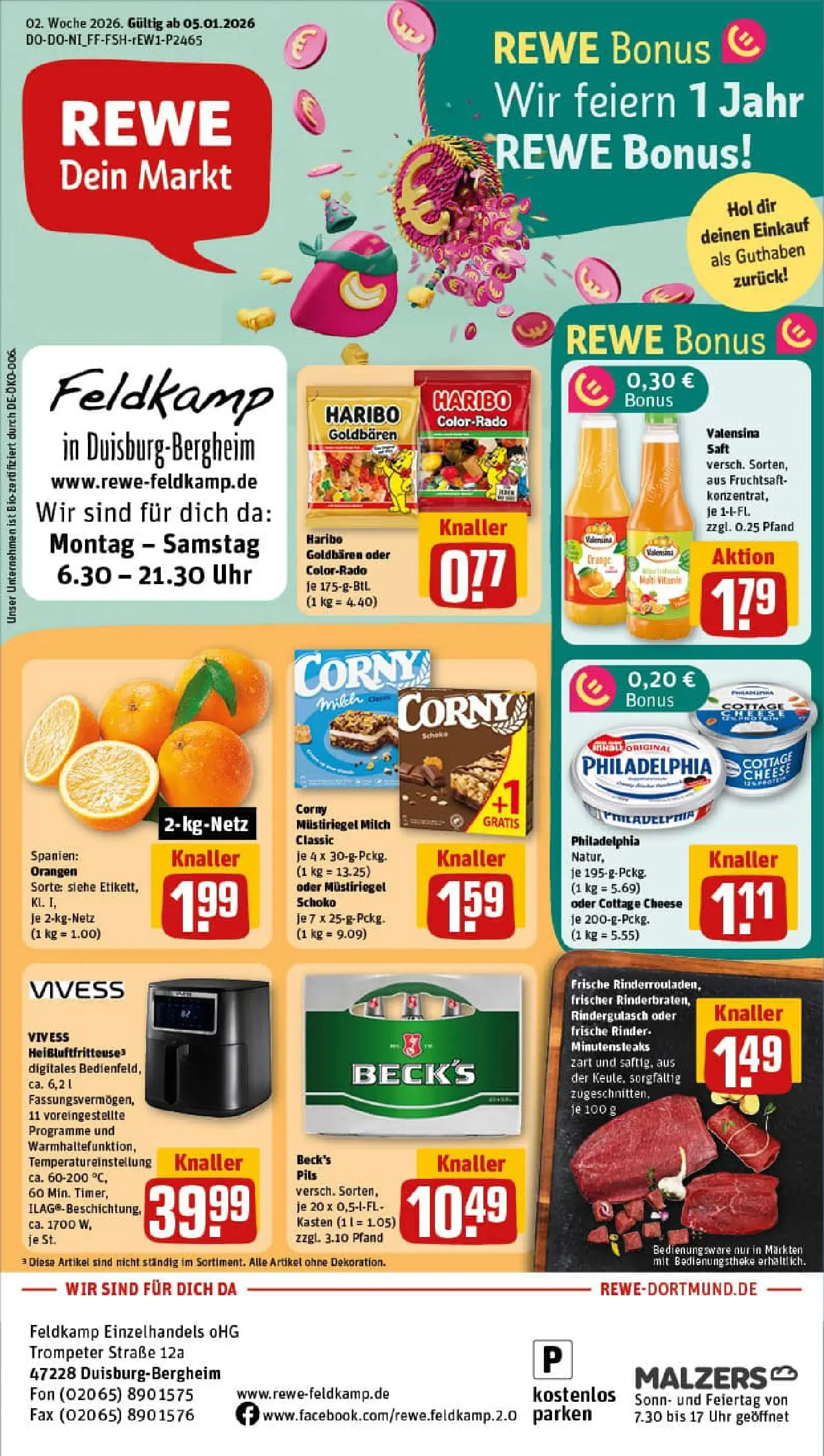 REWE Prospekt ab 04.01.2026 zum Blättern » Angebote | Seite: 1 | Produkte: Rindergulasch, Orangen, Saft, Uhr