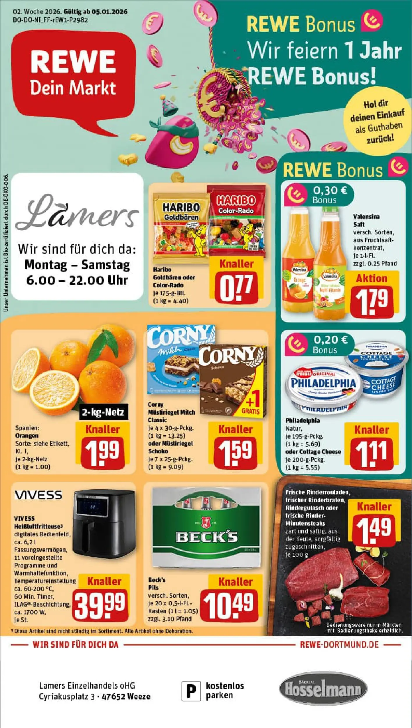 REWE Prospekt ab 04.01.2026 zum Blättern » Angebote | Seite: 1 | Produkte: Rinderrouladen, Haribo, Milch, Uhr