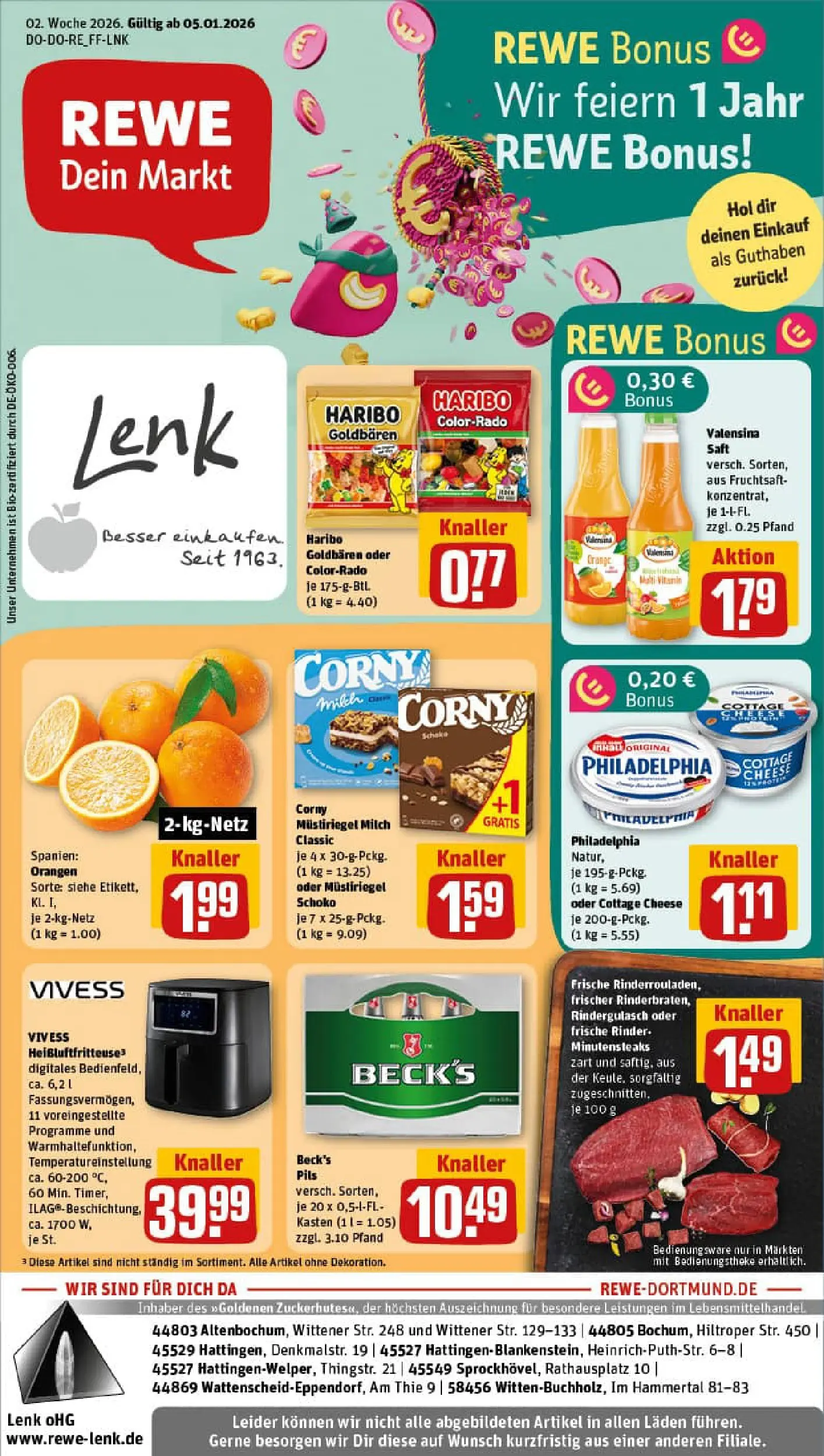 REWE Prospekt ab 04.01.2026 zum Blättern » Angebote | Seite: 1 | Produkte: Milch, Philadelphia, Fruchtsaft, Heißluftfritteuse
