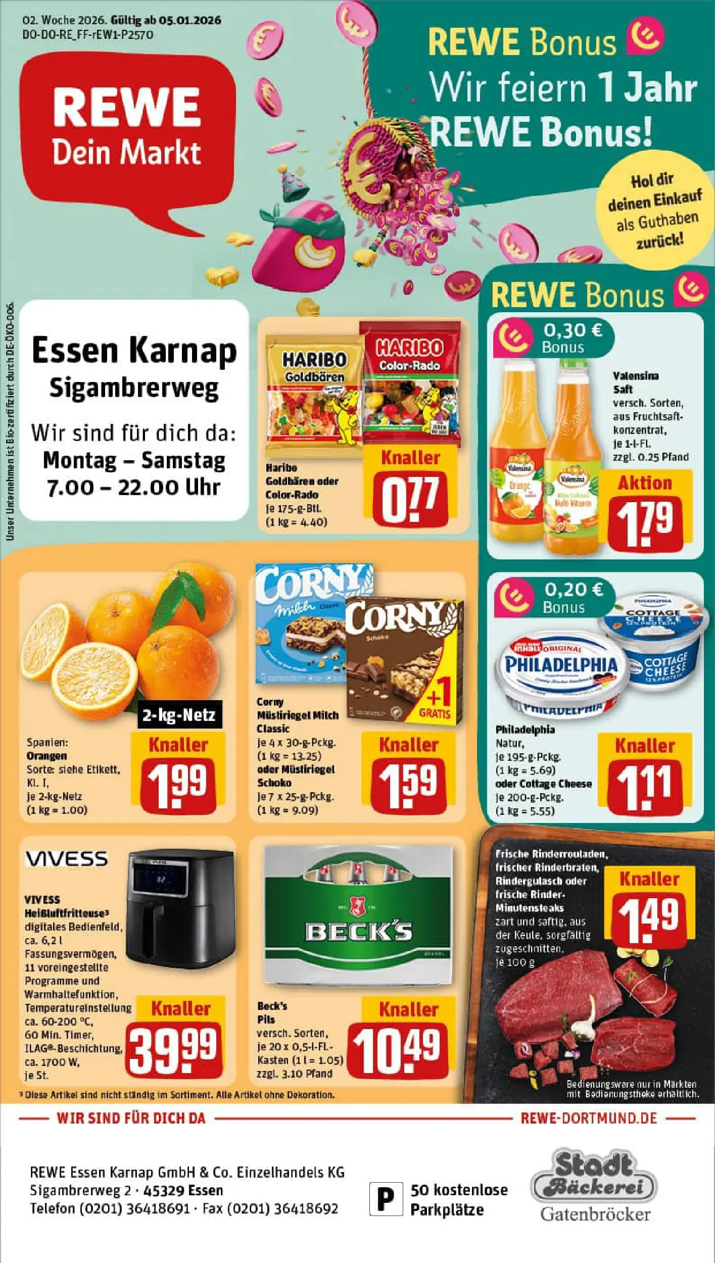 REWE Prospekt ab 04.01.2026 zum Blättern » Angebote | Seite: 1 | Produkte: Bäckerei, Philadelphia, Orangen, Heißluftfritteuse