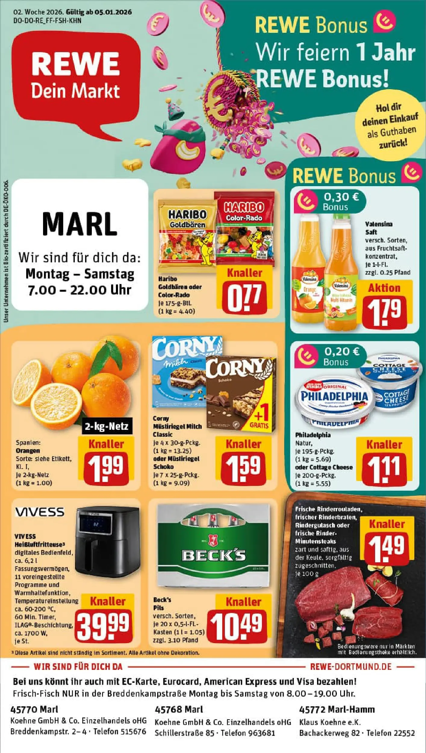 REWE Prospekt ab 04.01.2026 zum Blättern » Angebote | Seite: 1 | Produkte: Rindergulasch, Milch, Orangen, Heißluftfritteuse