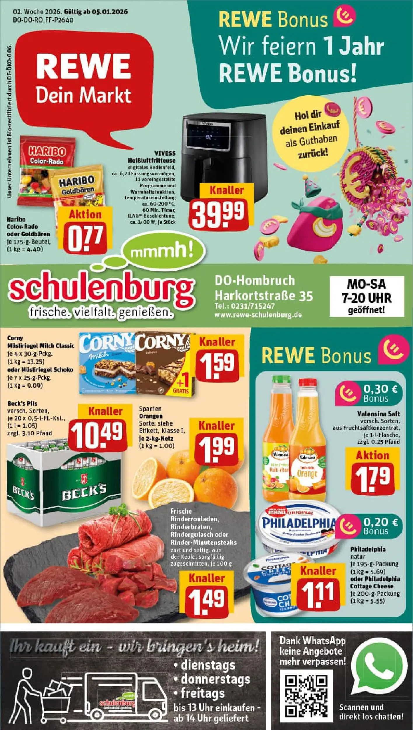REWE Prospekt ab 04.01.2026 zum Blättern » Angebote | Seite: 1 | Produkte: Philadelphia, Pils, Valensina, Heißluftfritteuse