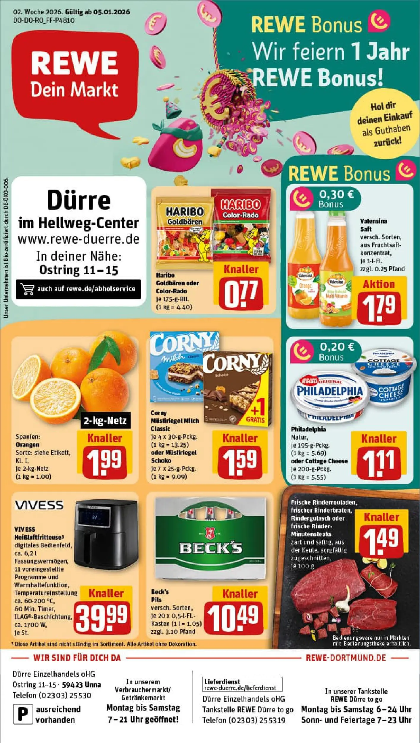 REWE Prospekt ab 04.01.2026 zum Blättern » Angebote | Seite: 1 | Produkte: Pils, Orangen, Valensina, Saft