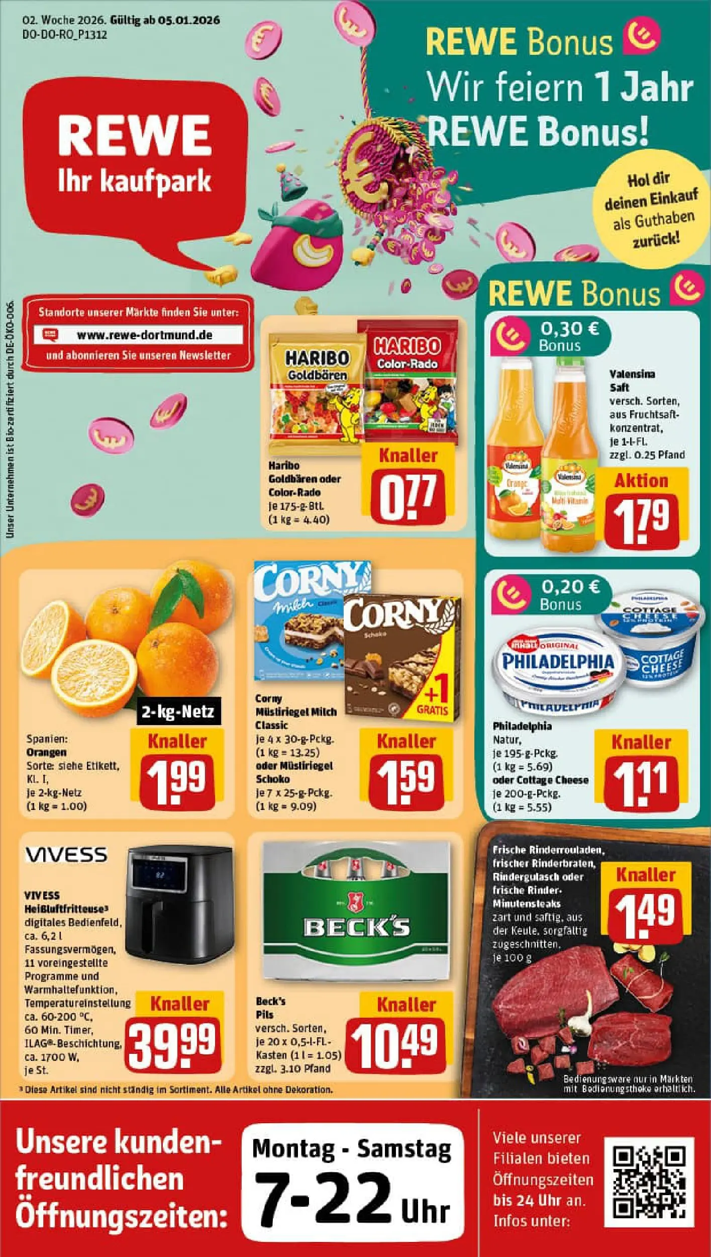 REWE Prospekt ab 04.01.2026 zum Blättern » Angebote | Seite: 1 | Produkte: Philadelphia, Orangen, Heißluftfritteuse, Uhr