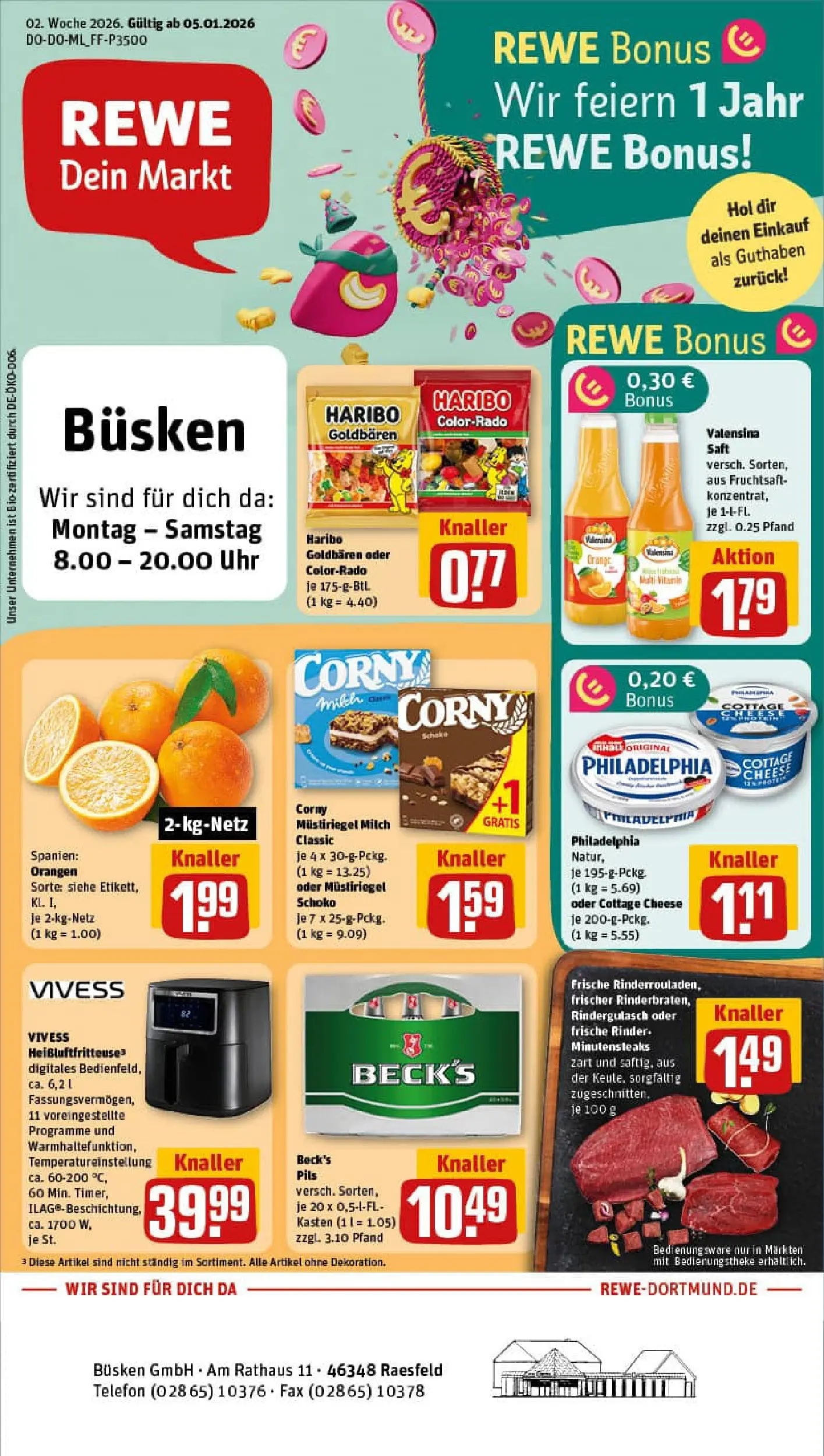 REWE Prospekt ab 04.01.2026 zum Blättern » Angebote | Seite: 1 | Produkte: Rindergulasch, Pils, Heißluftfritteuse, Uhr