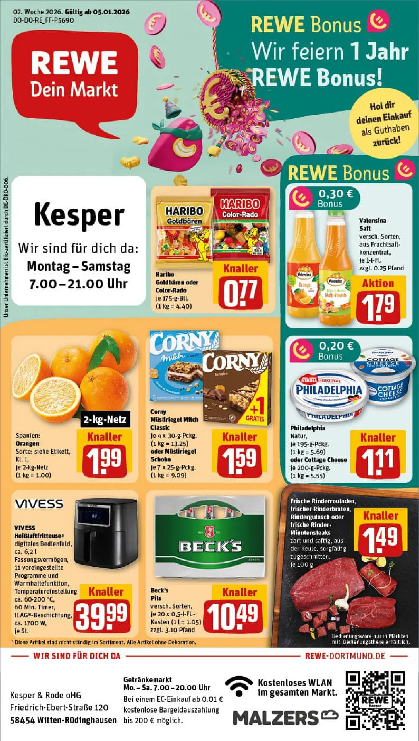 REWE Prospekt ab 04.01.2026 zum Blättern » Angebote | Seite: 1 | Produkte: Rindergulasch, Haribo, Pils, Saft