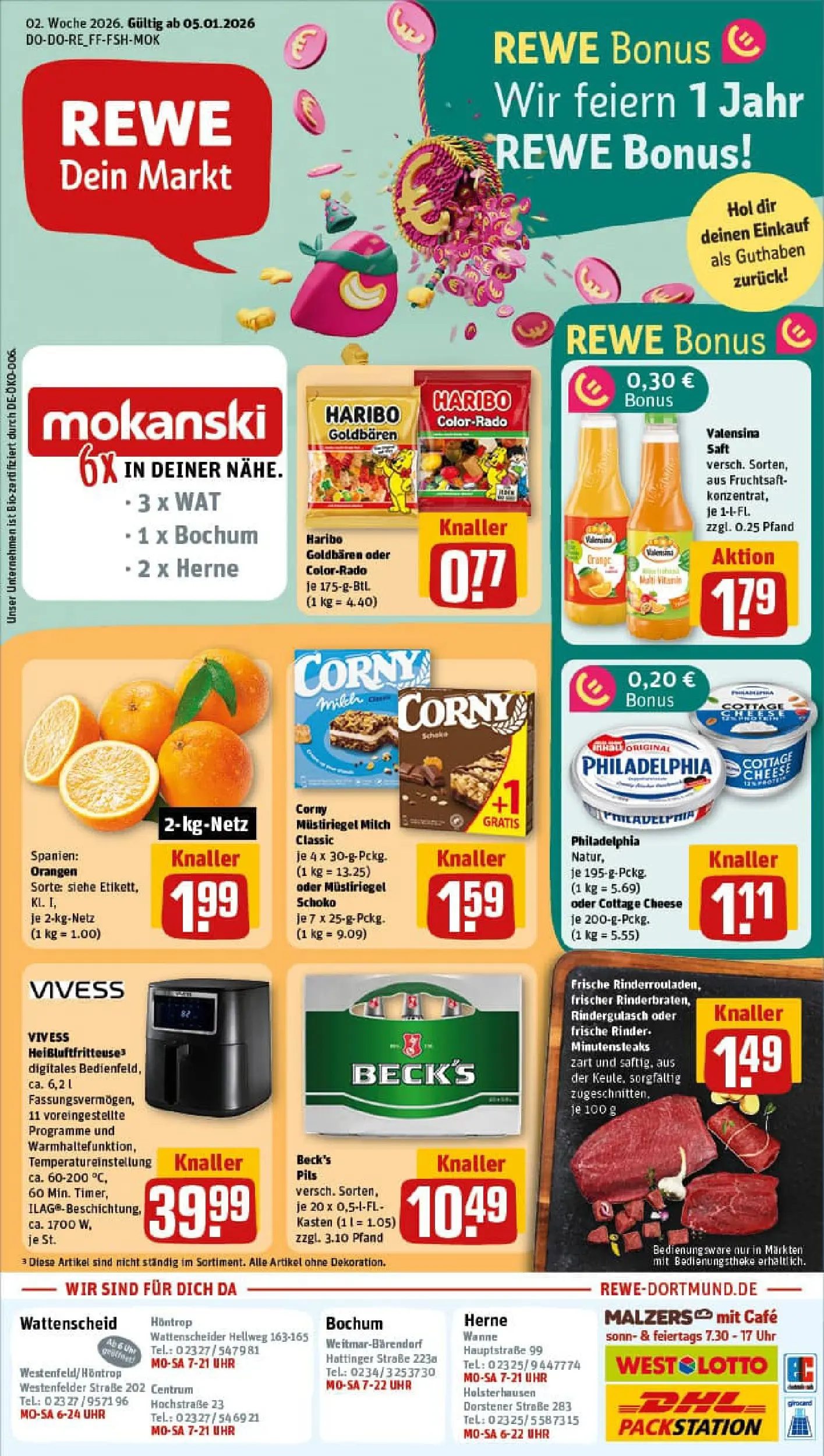 REWE Prospekt ab 04.01.2026 zum Blättern » Angebote | Seite: 1 | Produkte: Rindergulasch, Haribo, Philadelphia, Orangen
