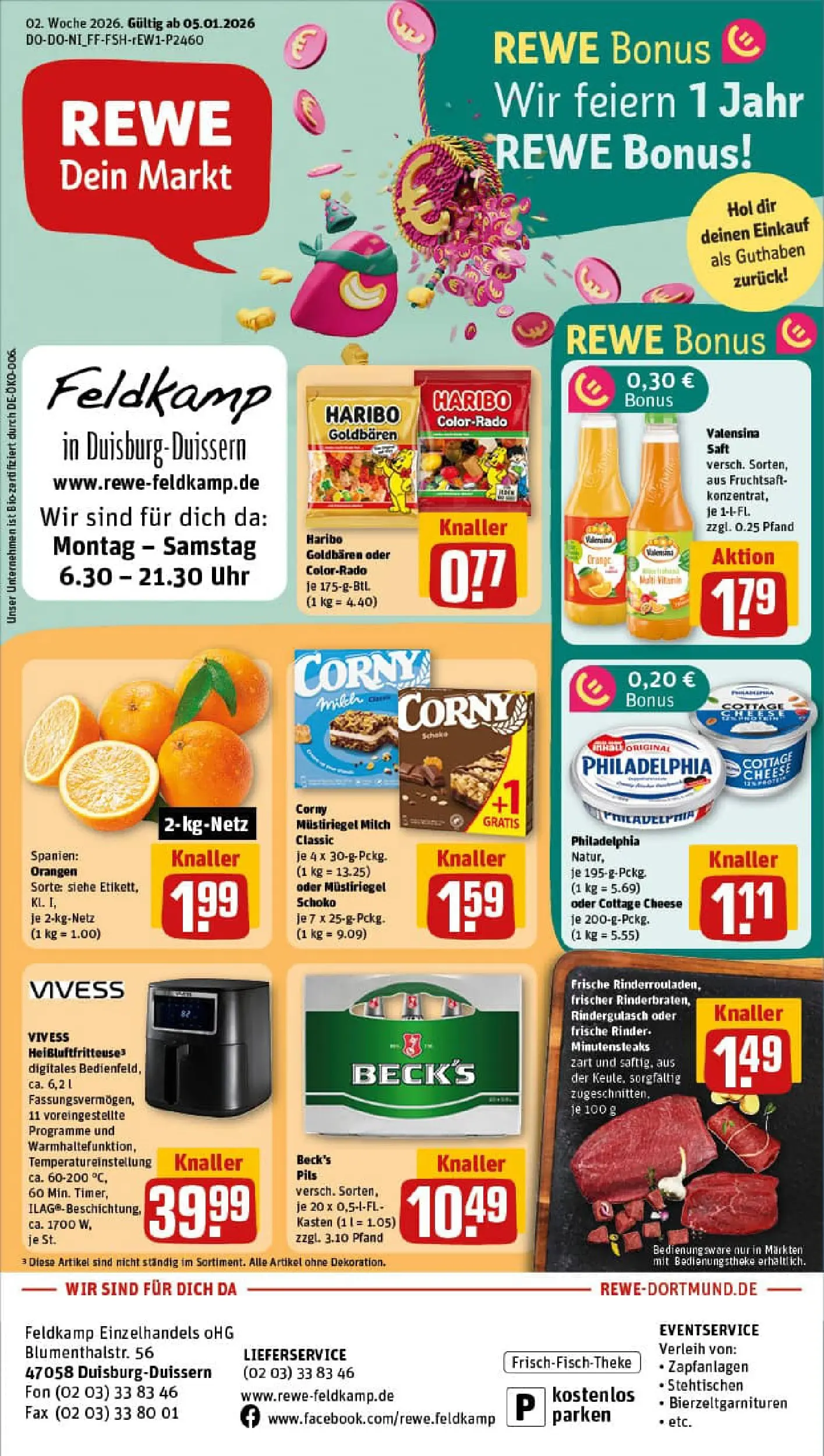 REWE Prospekt ab 04.01.2026 zum Blättern » Angebote | Seite: 1 | Produkte: Rindergulasch, Pils, Orangen, Fruchtsaft