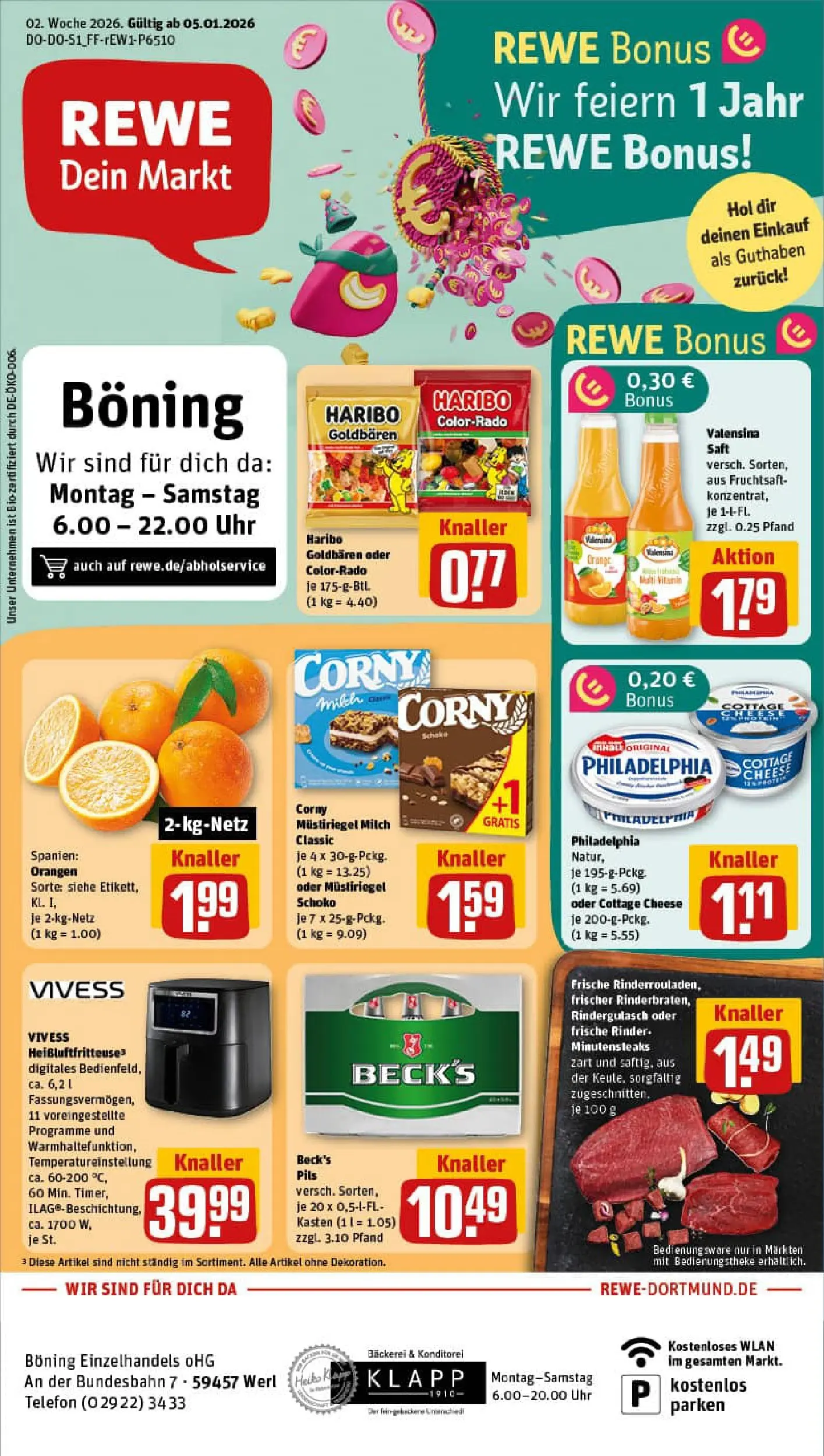 REWE Prospekt ab 04.01.2026 zum Blättern » Angebote | Seite: 1 | Produkte: Haribo, Pils, Valensina, Heißluftfritteuse