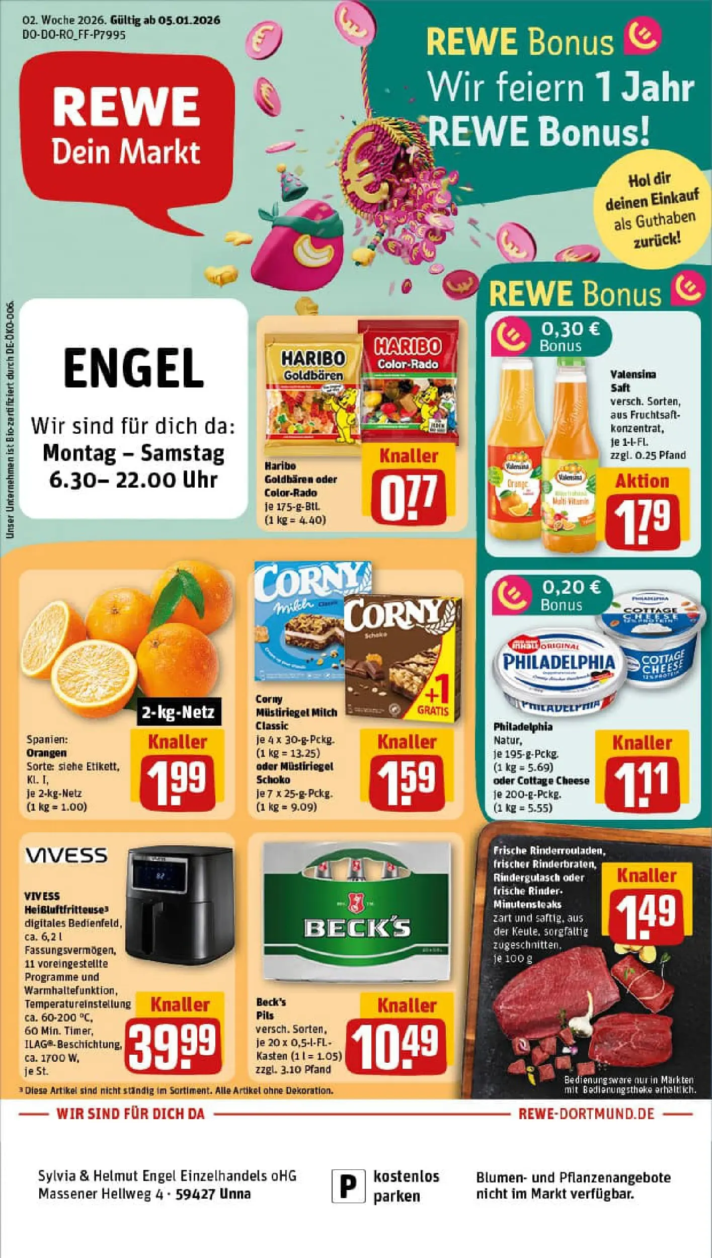REWE Prospekt ab 04.01.2026 zum Blättern » Angebote | Seite: 1 | Produkte: Rindergulasch, Haribo, Pils, Blumen