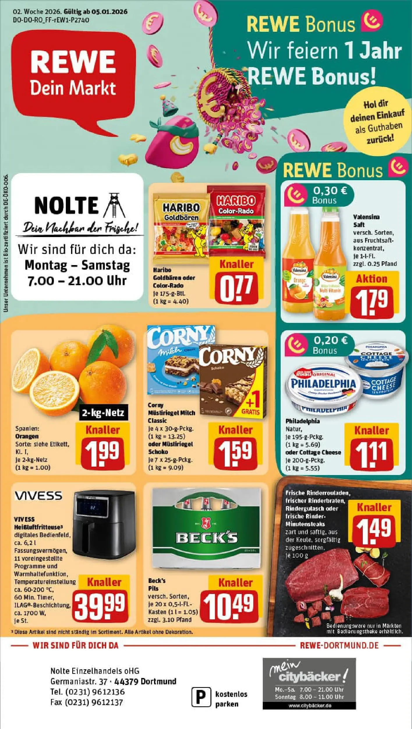 REWE Prospekt ab 04.01.2026 zum Blättern » Angebote | Seite: 1 | Produkte: Musli, Fruchtsaft, Heißluftfritteuse, Uhr