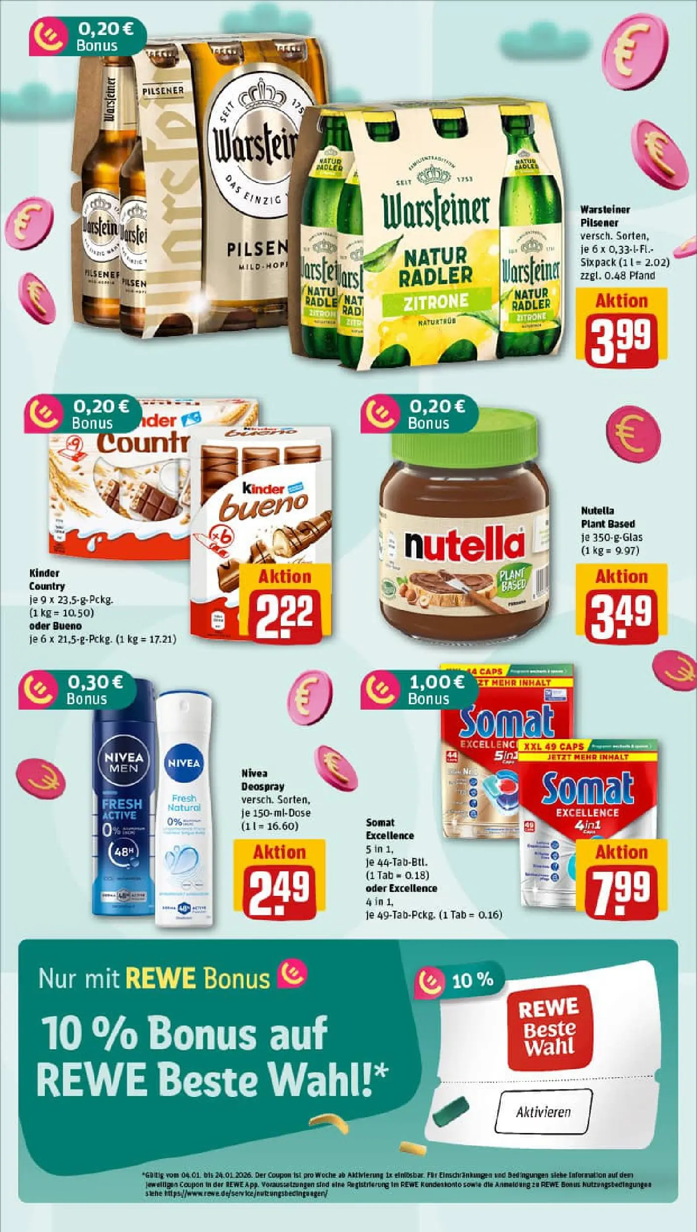 REWE Prospekt ab 04.01.2026 zum Blättern » Angebote | Seite: 5 | Produkte: Kinder bueno, Nutella, Radler, Warsteiner