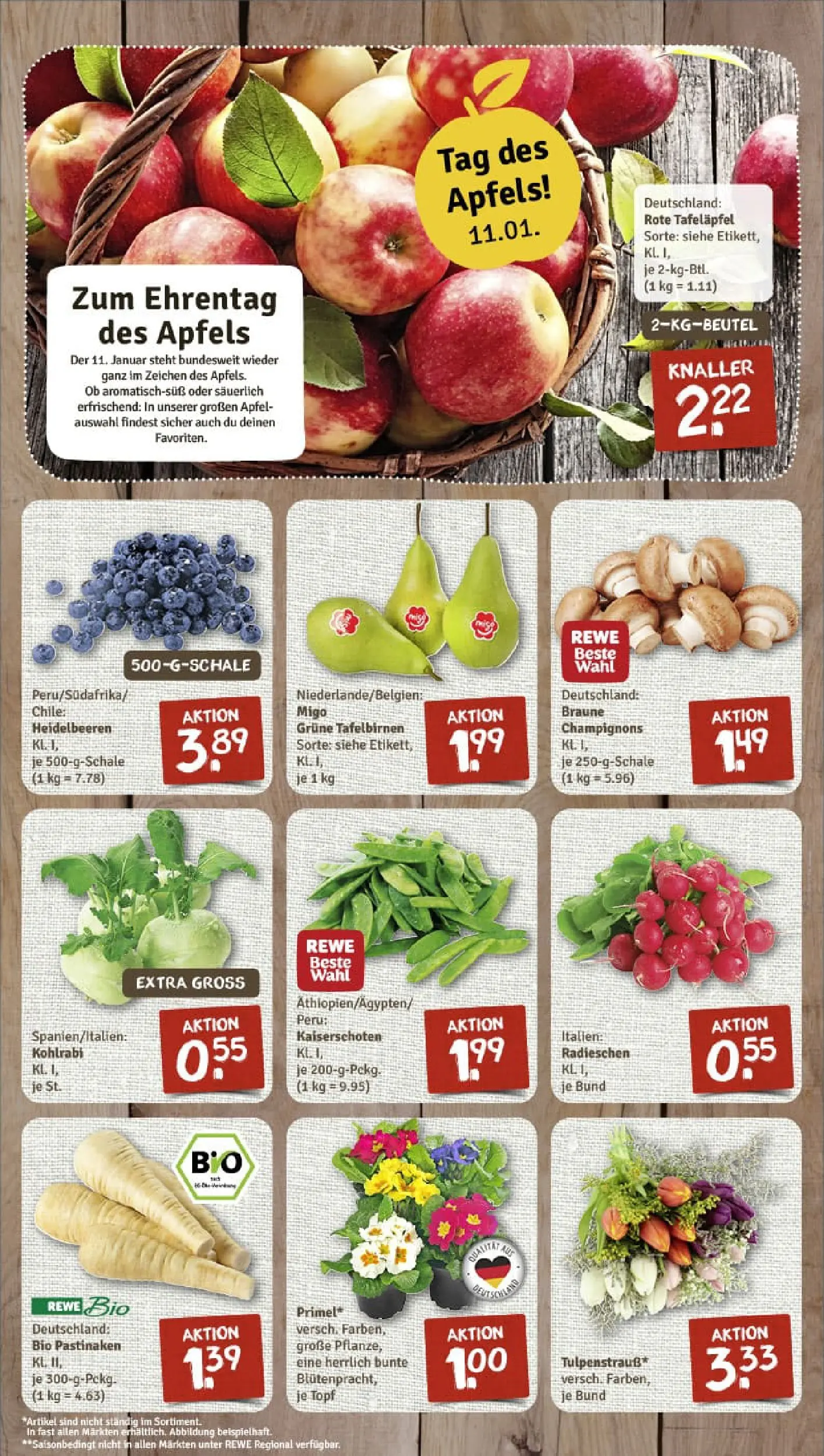 REWE Prospekt ab 04.01.2026 zum Blättern » Angebote | Seite: 3 | Produkte: Kohlrabi, Äpfel, Heidelbeeren, Champignons