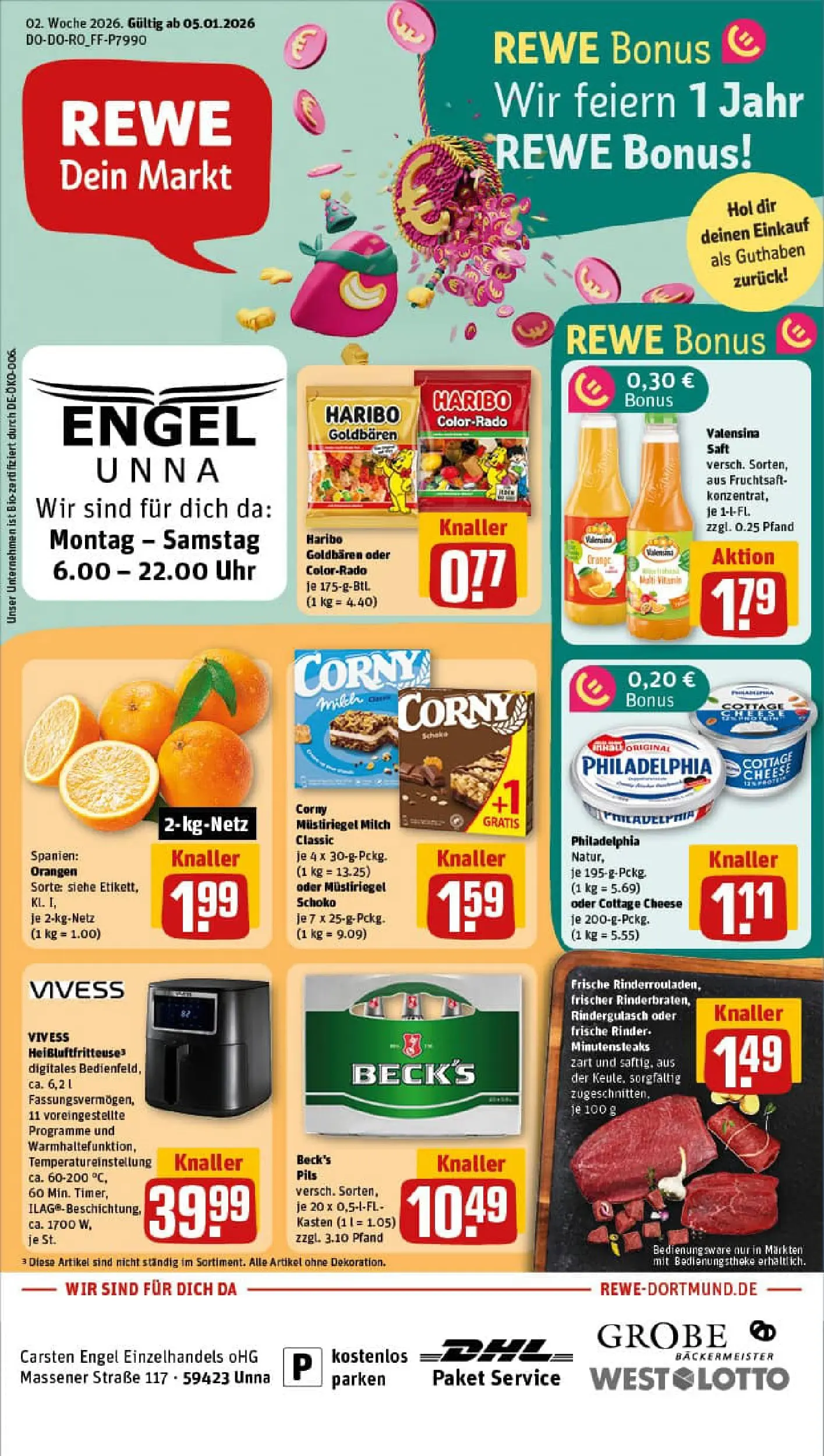 REWE Prospekt ab 04.01.2026 zum Blättern » Angebote | Seite: 1 | Produkte: Milch, Orangen, Fruchtsaft, Uhr