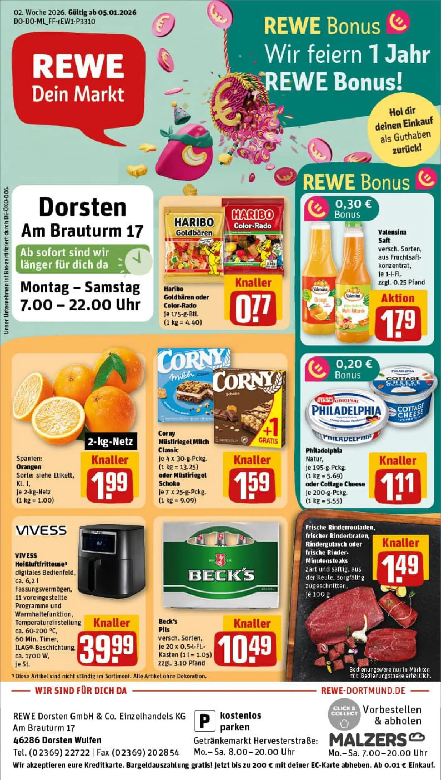 REWE Prospekt ab 04.01.2026 zum Blättern » Angebote | Seite: 1 | Produkte: Rindergulasch, Orangen, Fruchtsaft, Uhr