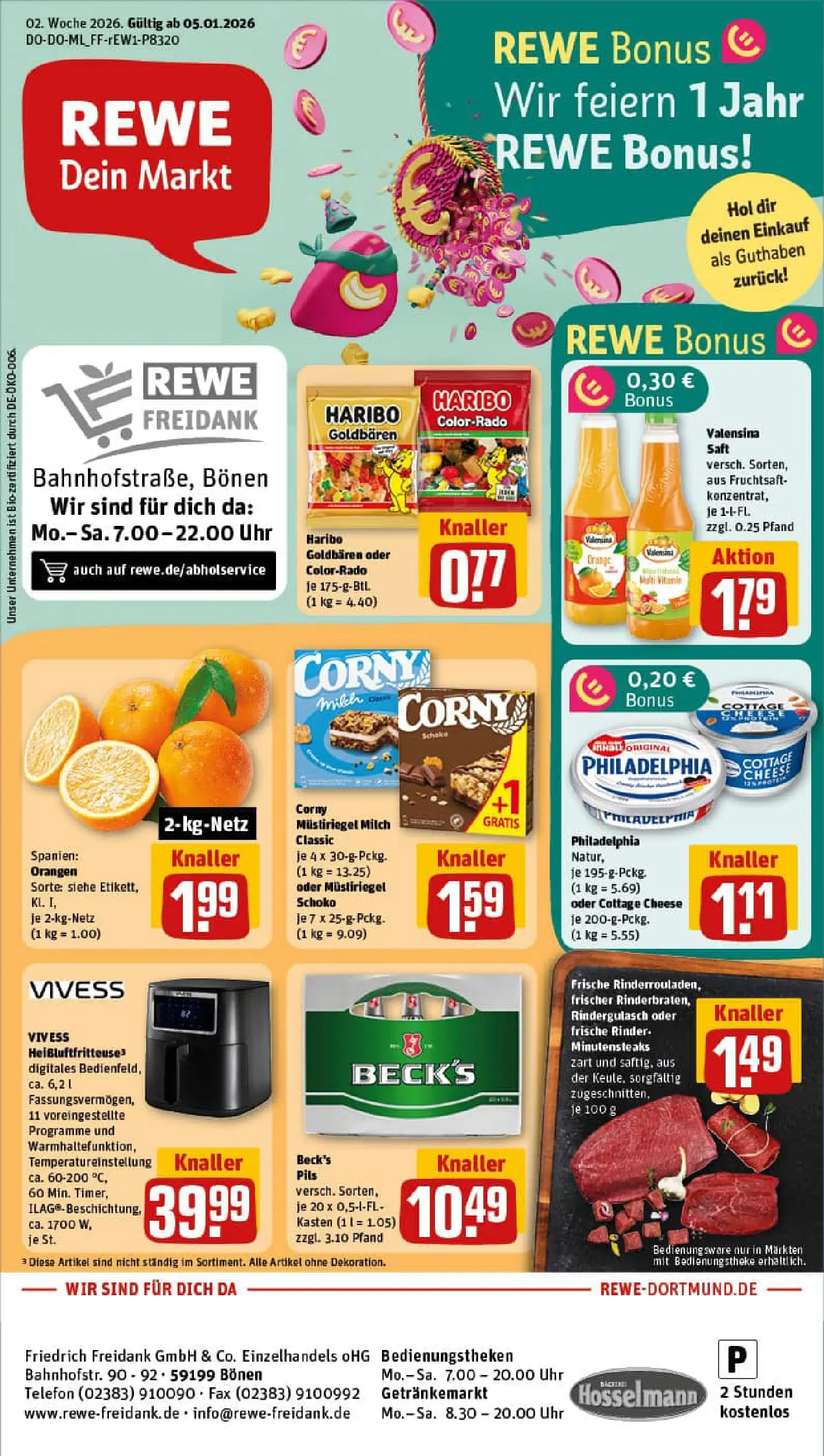 REWE Prospekt ab 04.01.2026 zum Blättern » Angebote | Seite: 1 | Produkte: Rindergulasch, Haribo, Orangen, Valensina