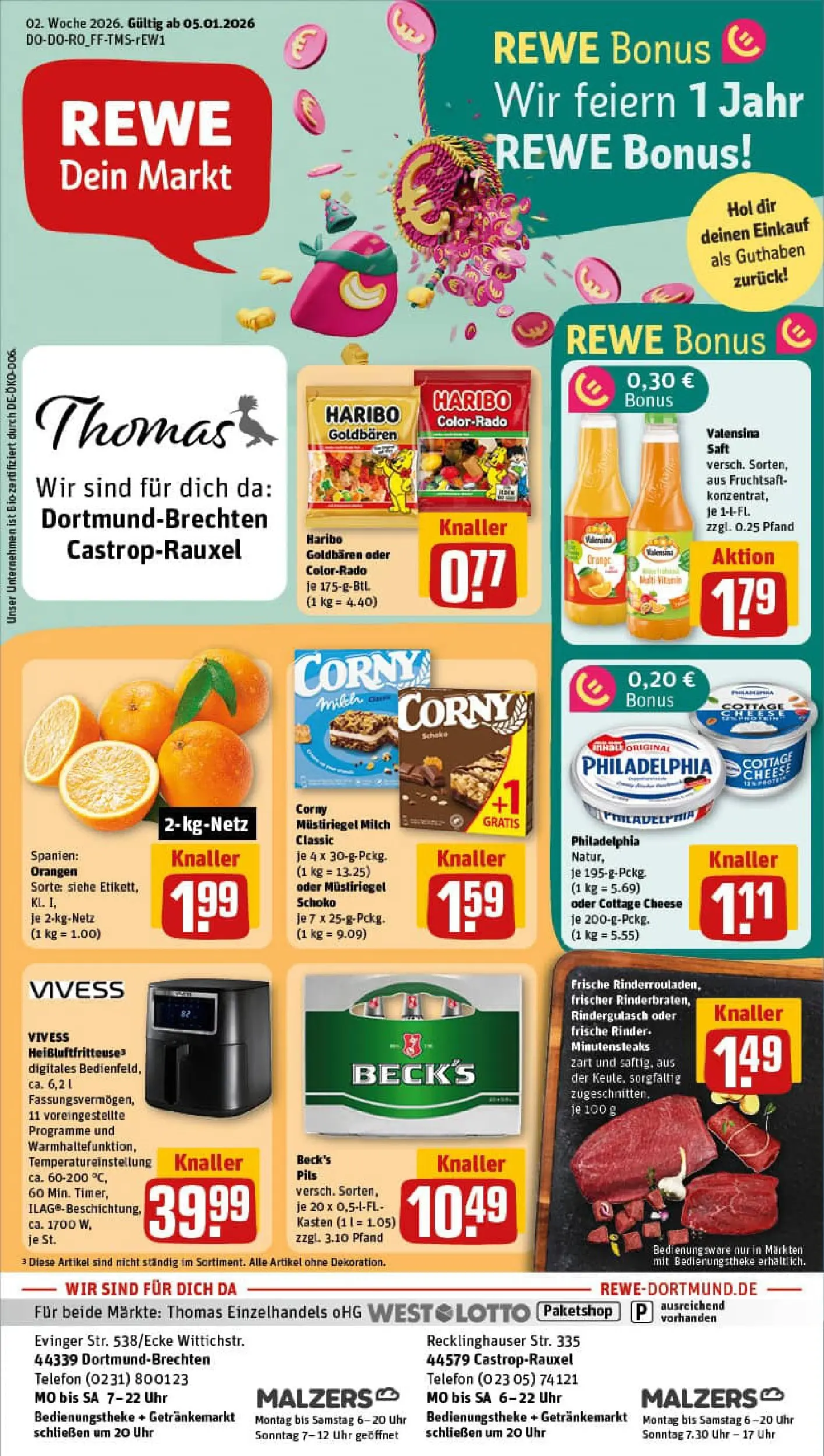 REWE Prospekt ab 04.01.2026 zum Blättern » Angebote | Seite: 1 | Produkte: Rinderrouladen, Orangen, Valensina, Fruchtsaft