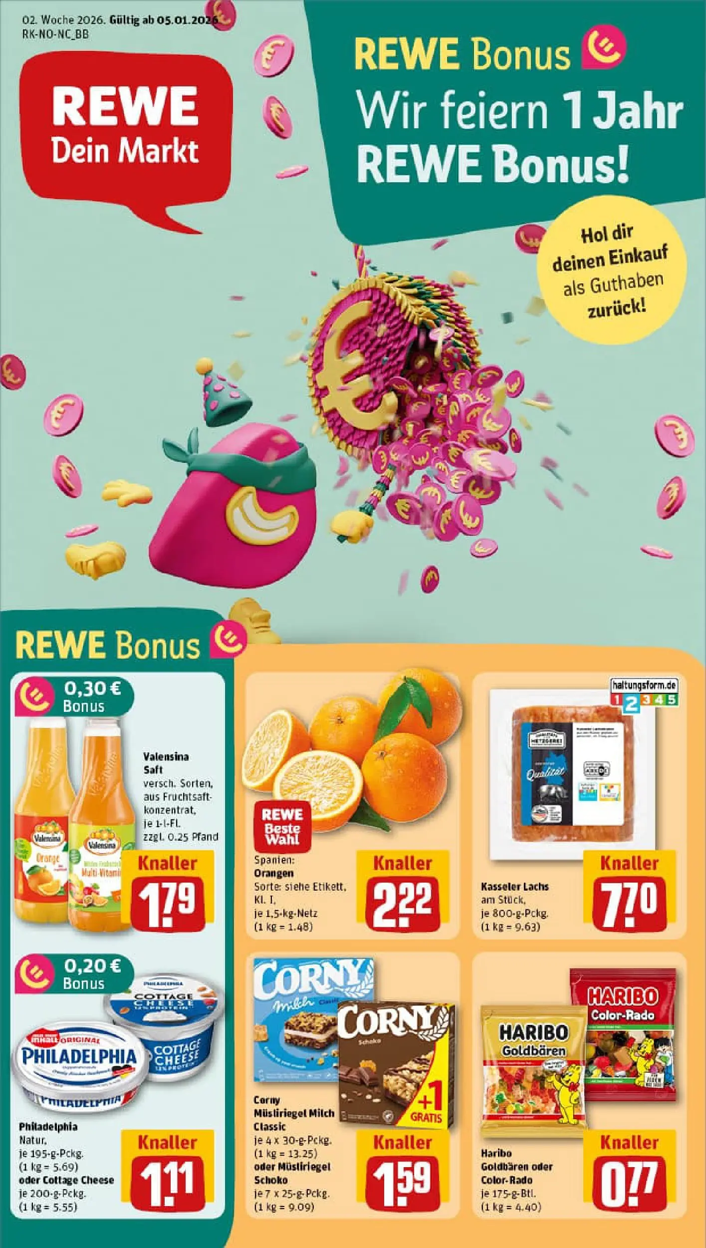 REWE Prospekt ab 04.01.2026 zum Blättern » Angebote | Seite: 1 | Produkte: Haribo, Milch, Philadelphia, Saft