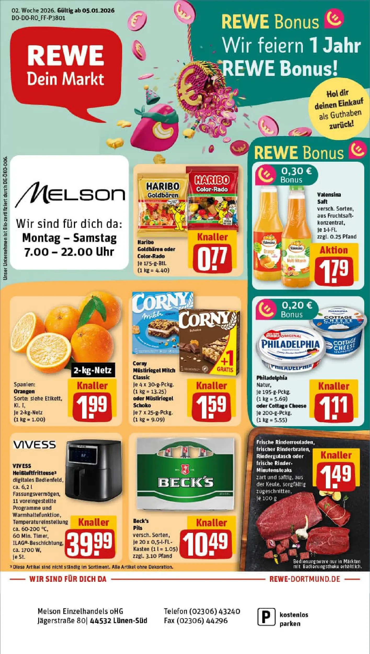 REWE Prospekt ab 04.01.2026 zum Blättern » Angebote | Seite: 1 | Produkte: Rindergulasch, Valensina, Fruchtsaft, Uhr
