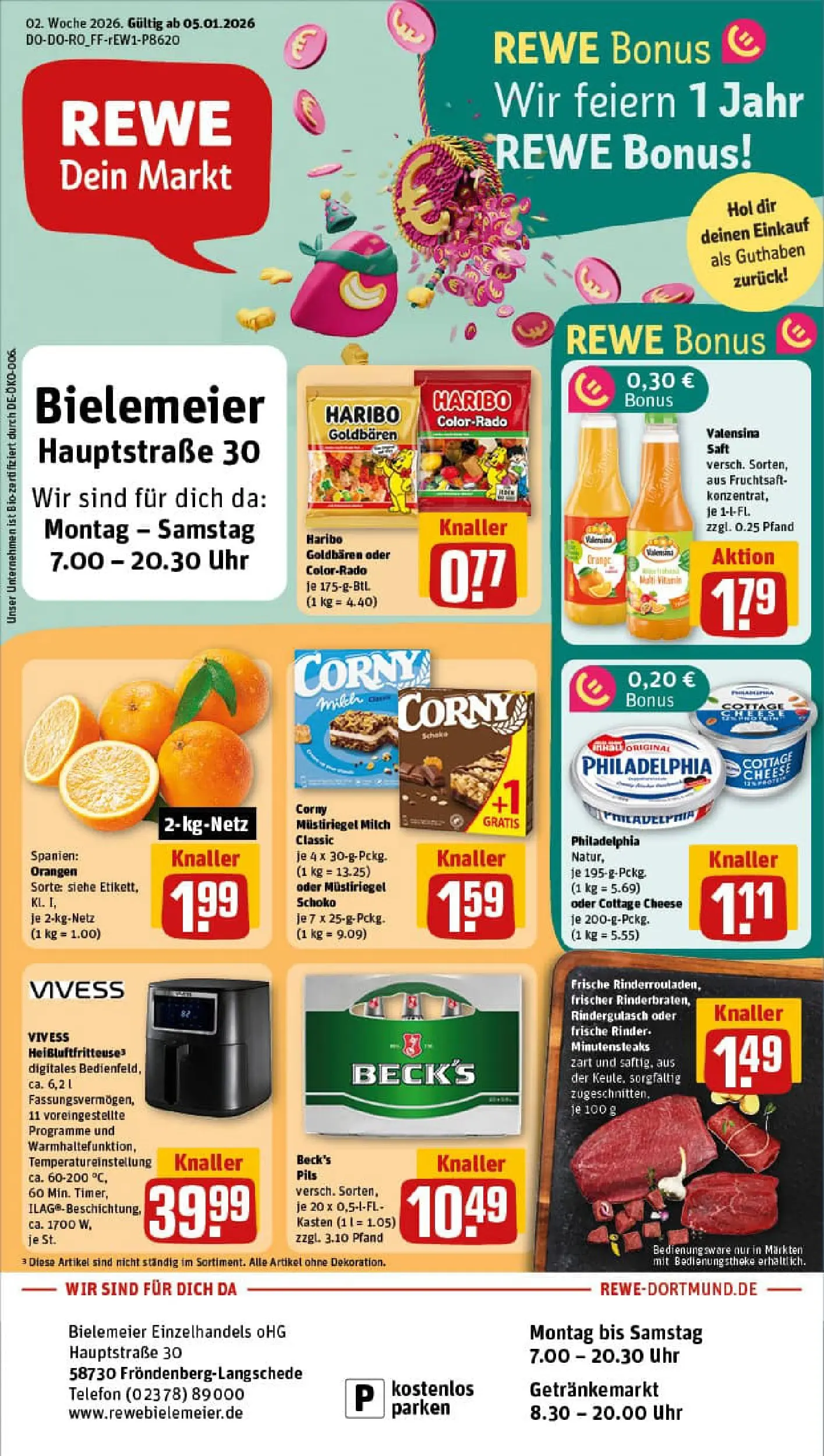 REWE Prospekt ab 04.01.2026 zum Blättern » Angebote | Seite: 1 | Produkte: Rindergulasch, Milch, Valensina, Telefon