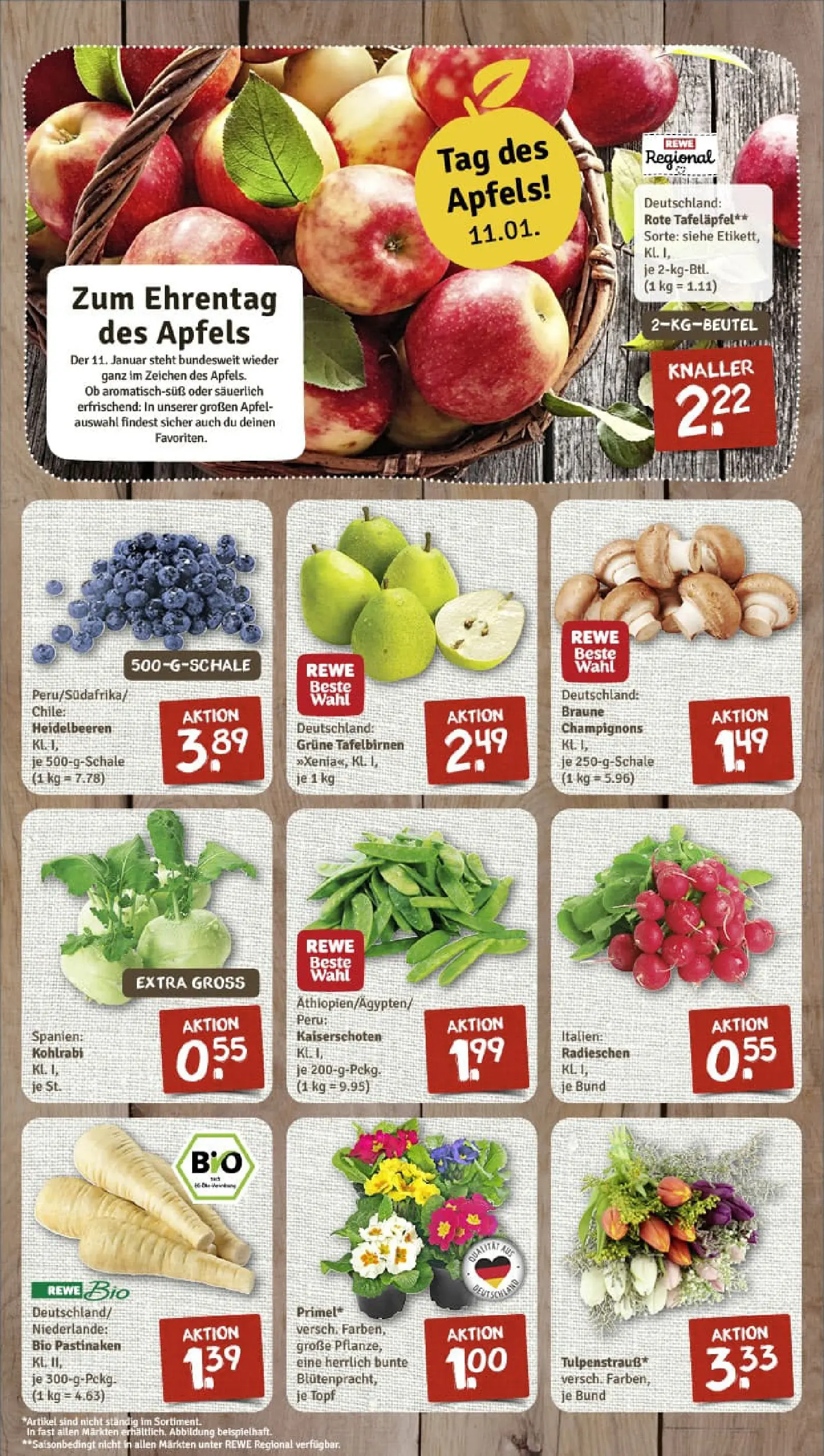 REWE Prospekt ab 04.01.2026 zum Blättern » Angebote | Seite: 3 | Produkte: Kohlrabi, Äpfel, Heidelbeeren, Champignons