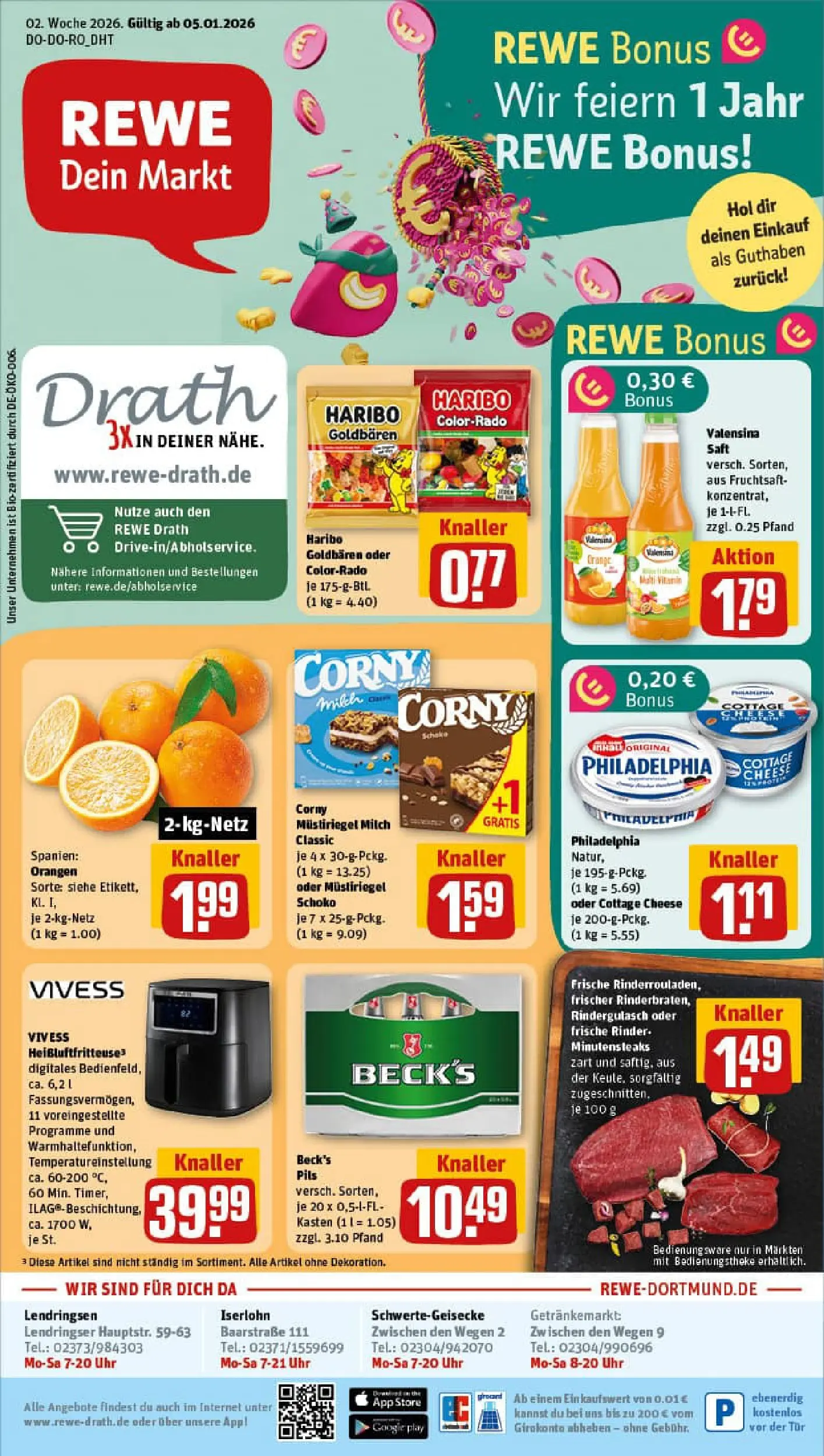 REWE Prospekt ab 04.01.2026 zum Blättern » Angebote | Seite: 2 | Produkte: Tür, Fruchtsaft, Heißluftfritteuse, Uhr