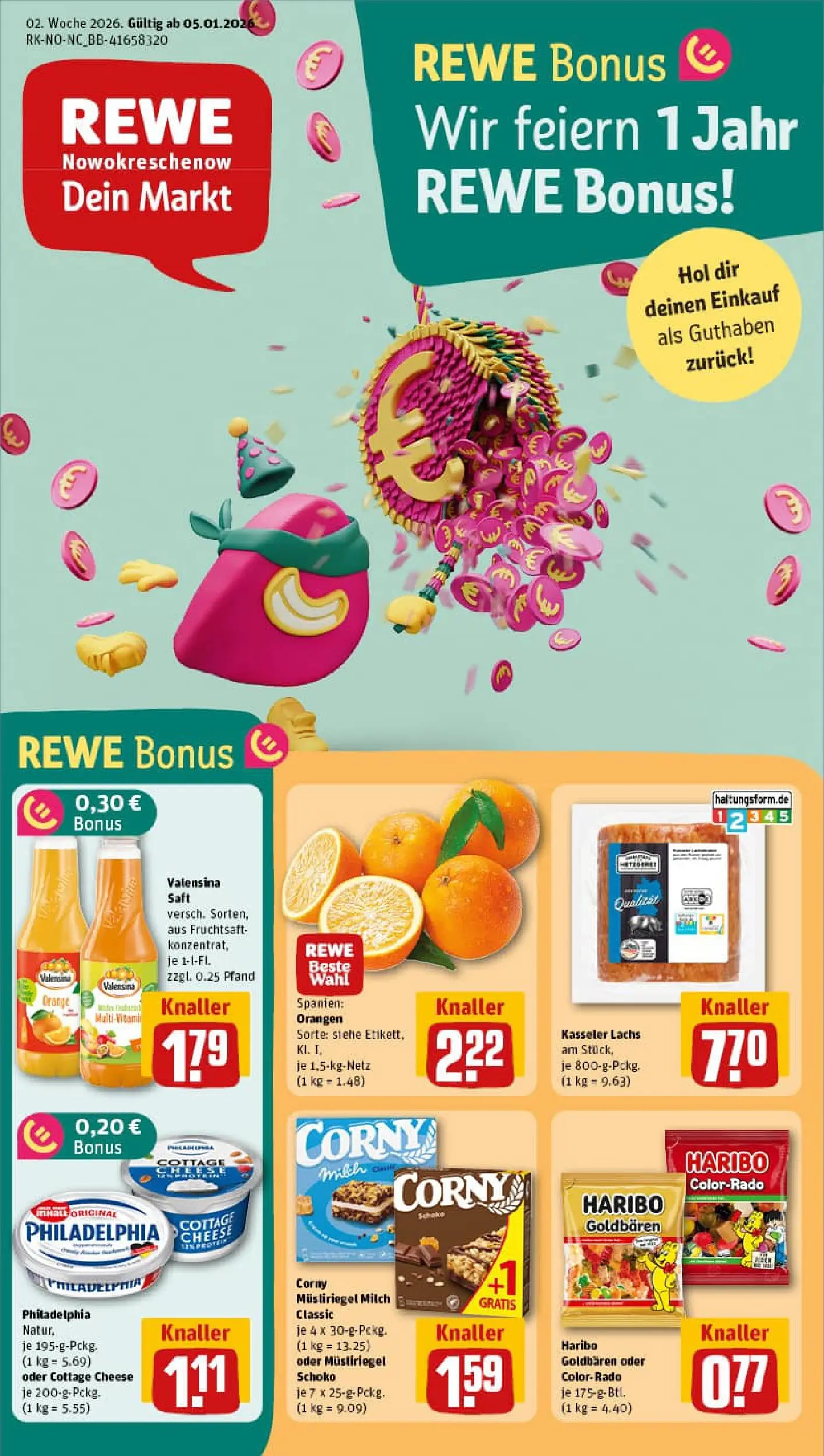 REWE Prospekt ab 04.01.2026 zum Blättern » Angebote | Seite: 1 | Produkte: Orangen, Valensina, Lachs, Saft
